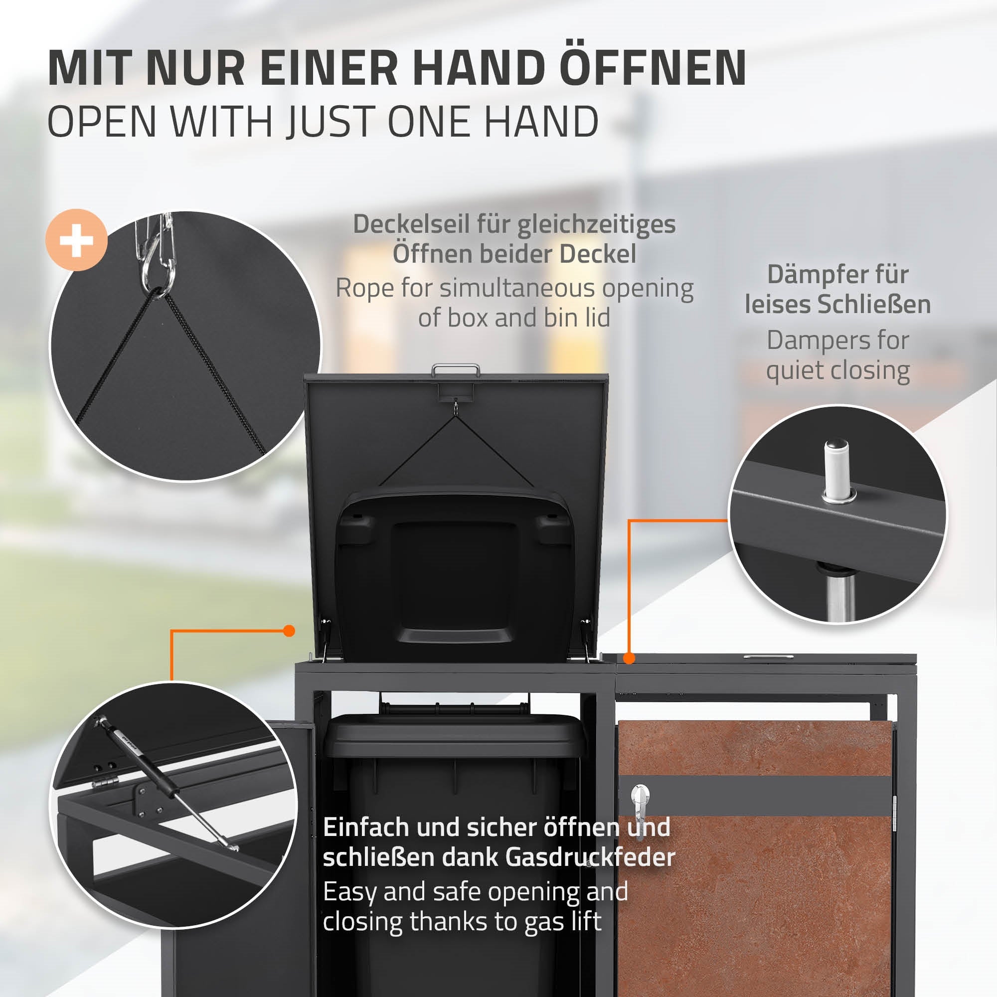 Abbildung eines Abfallbehälters mit Deckel, der mit einer Hand geöffnet werden ka