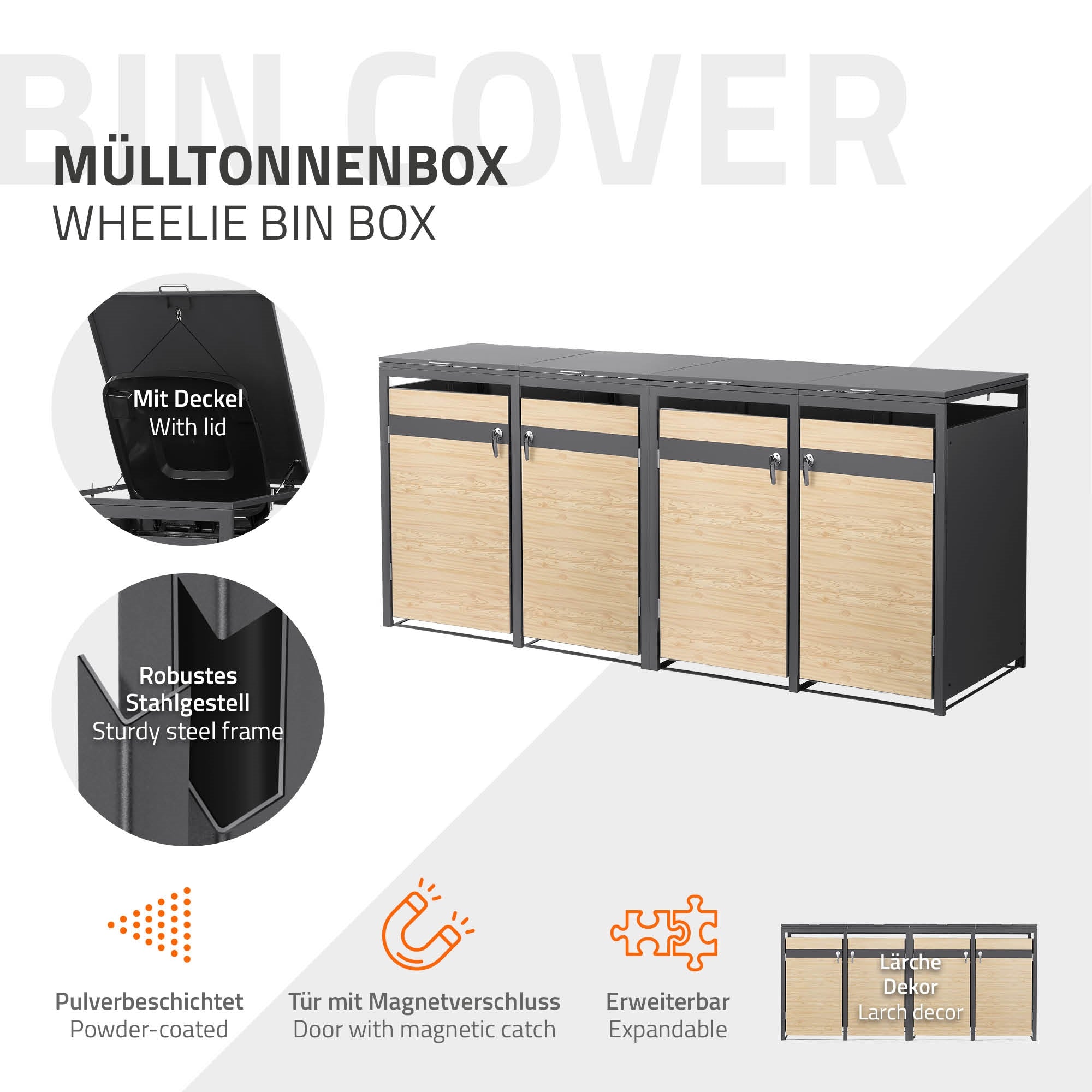 Mülltonnenbox mit Deckel, robuster Stahlrahmen und Magnetverschluss.