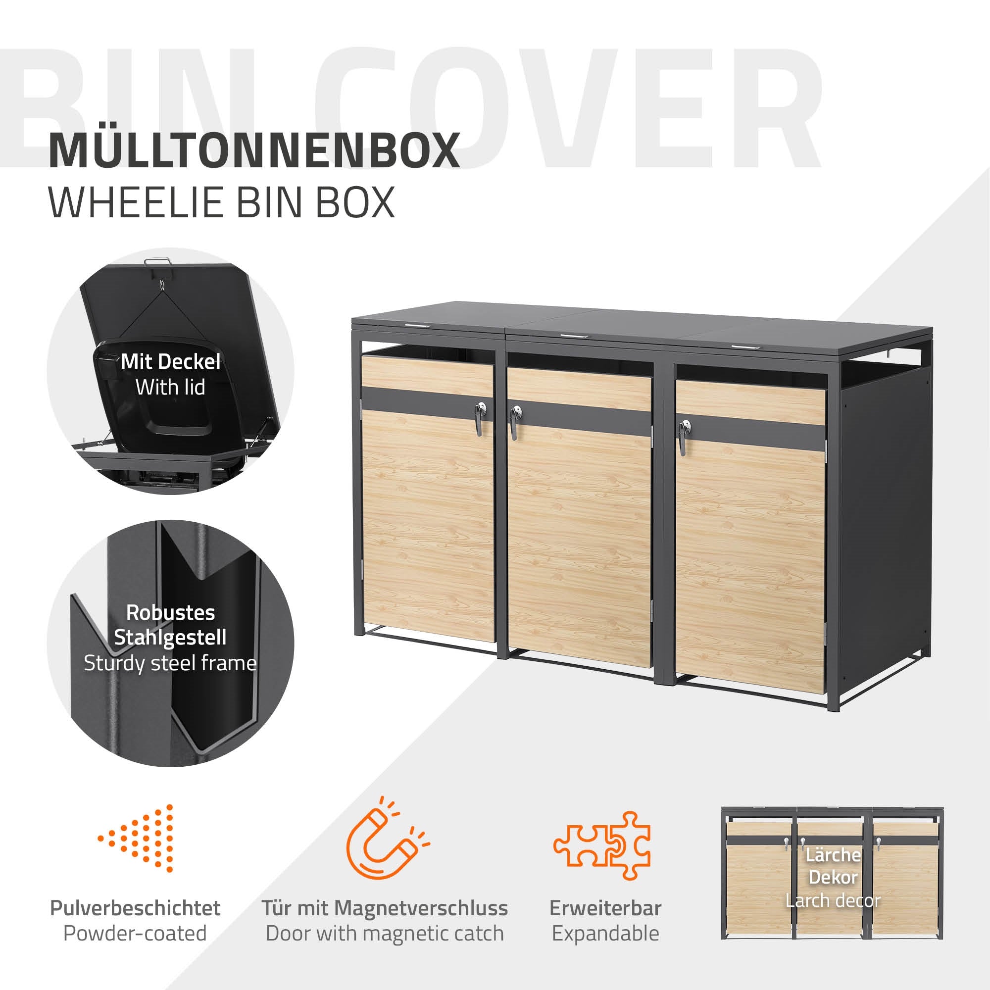 Mülltonnenbox mit drei Fächern, aus Stahl und Holz, mit Deckel.