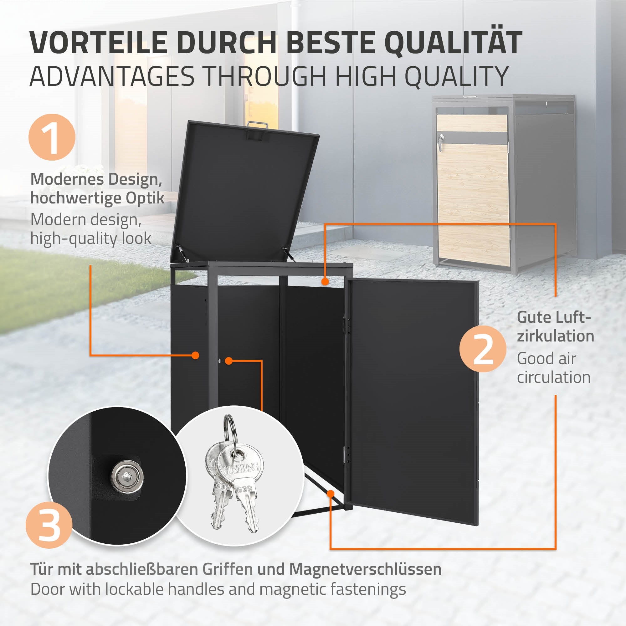 Grafik mit Vorteilen eines Produkts, darunter modernes Design und gute