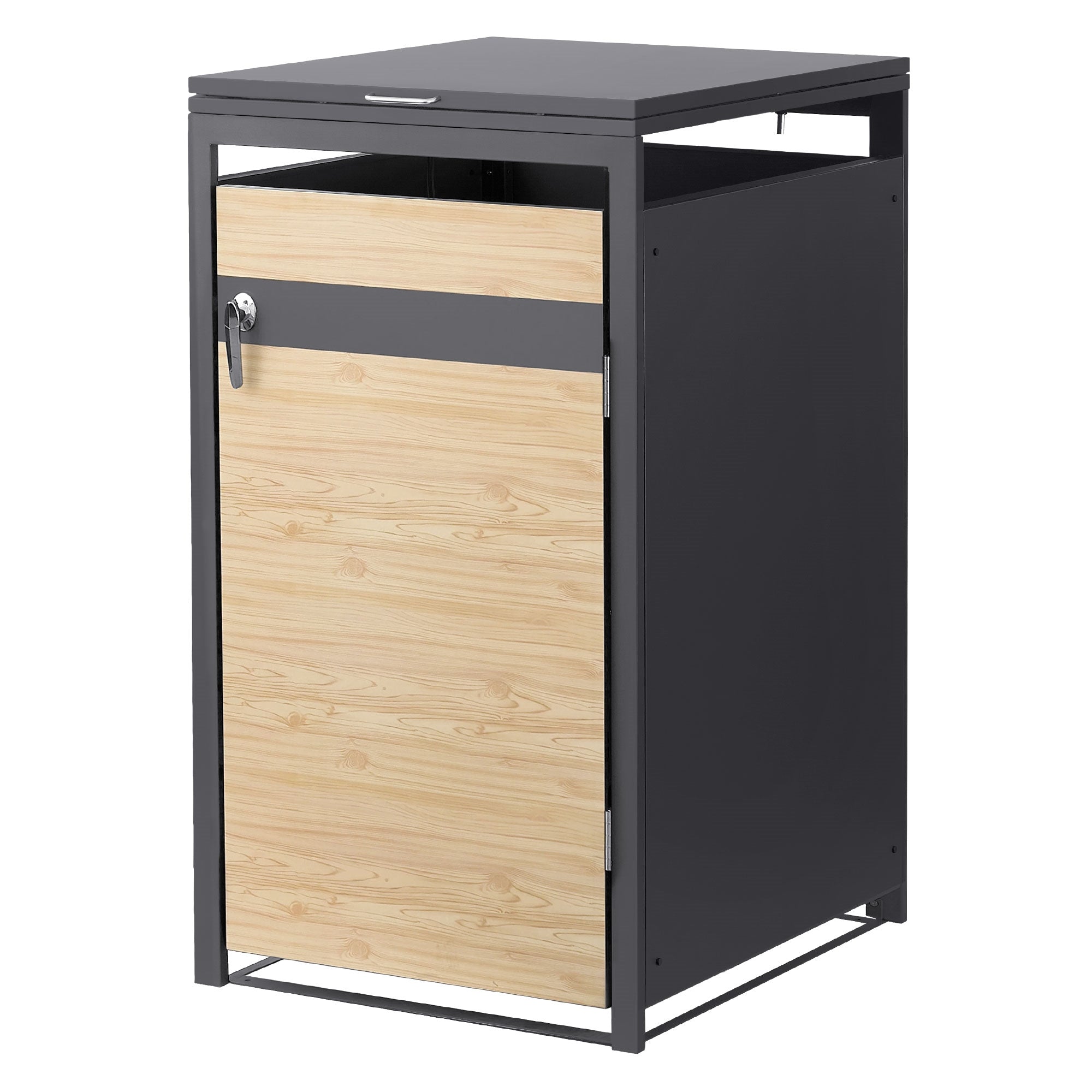 Mülltonnen mit Holz- und Metalloberfläche, die zusammengebaut sind.