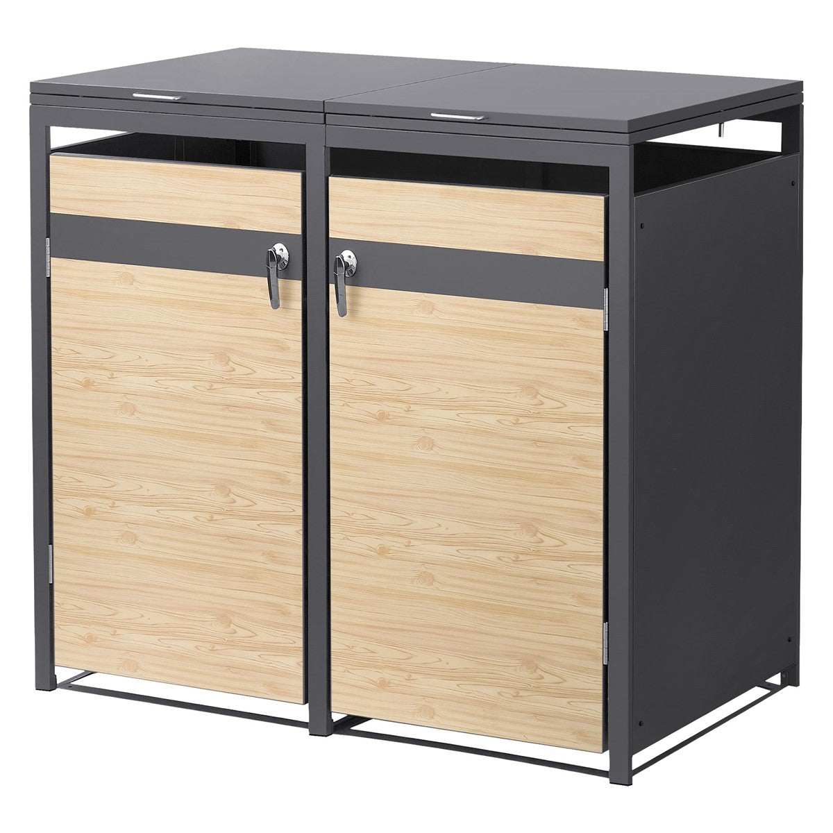 Two compartments of a wooden and metal bin enclosure that are closed