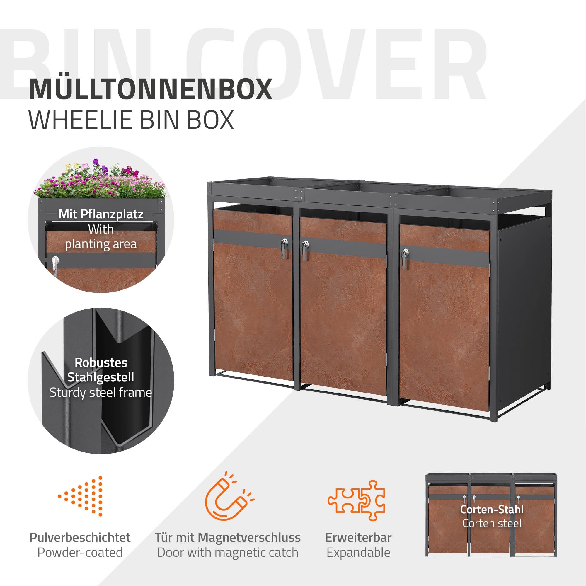 Mülltonnenbox mit Corten-Stahl und Platz für Pflanzen.