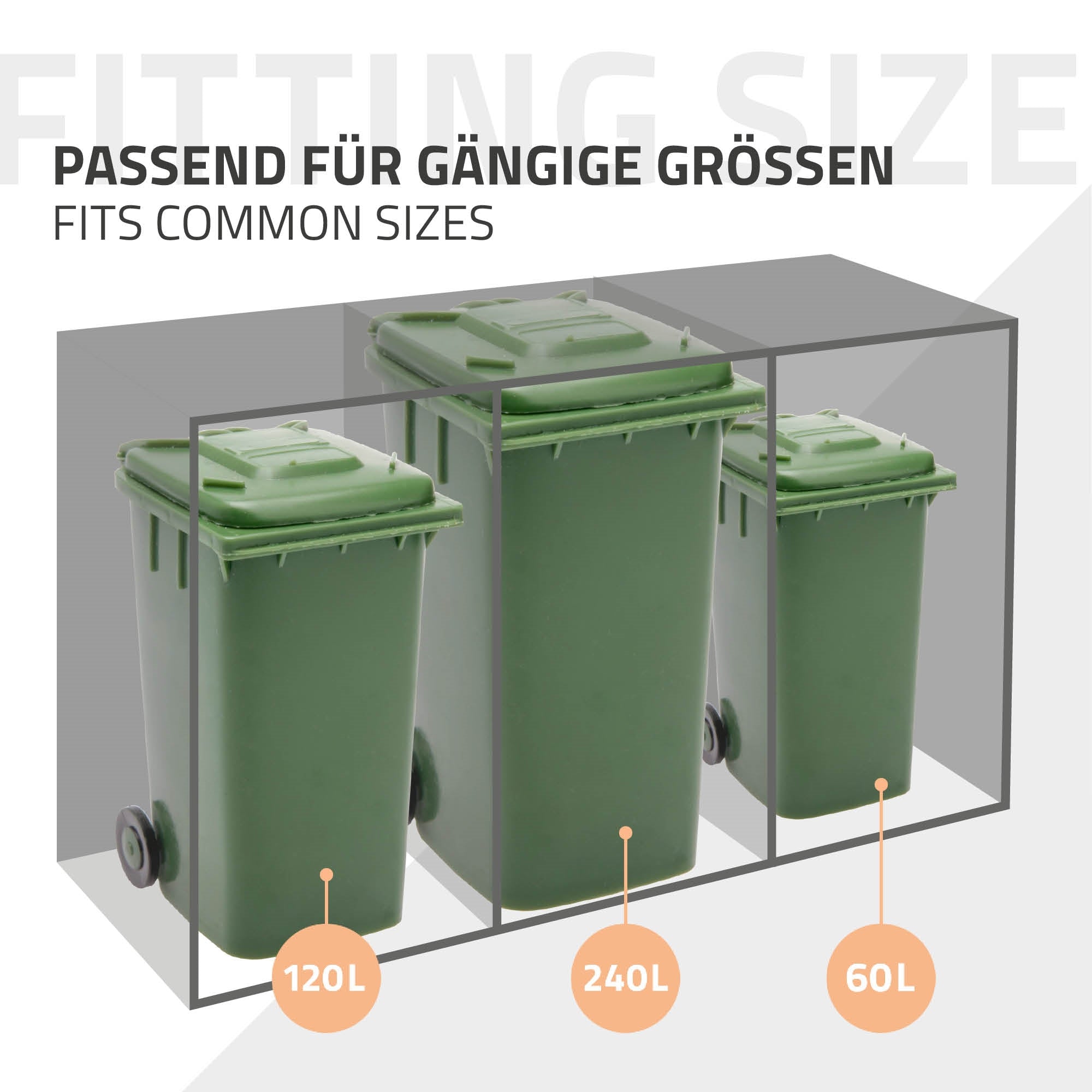 Mülltonnenbox mit drei verschiedenen Größen für Mülltonnen.