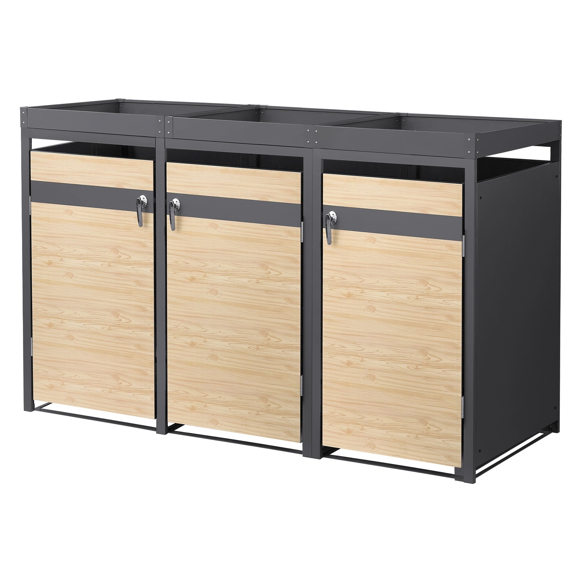 Drei Mülltonnenboxen mit Holzfront und Metallrahmen.