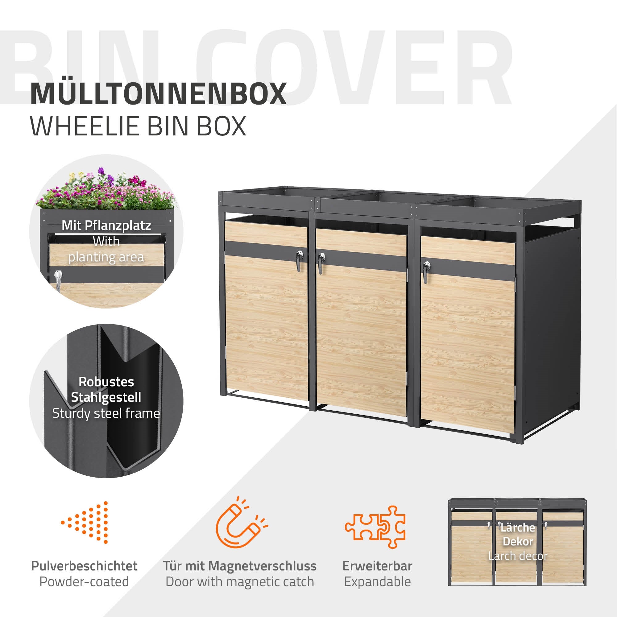 Mülltonnenbox mit Pflanzplatz, aus pulverbeschichtetem Stahl.