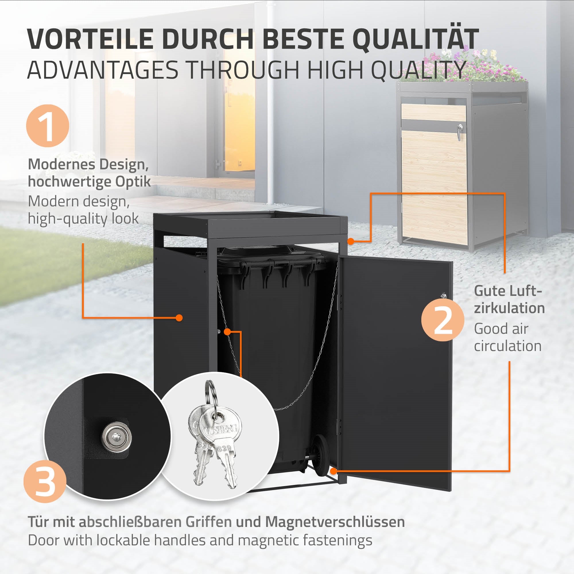 Mülltonnenbox mit Schlüsselsystem und guter Luftzirkulation.