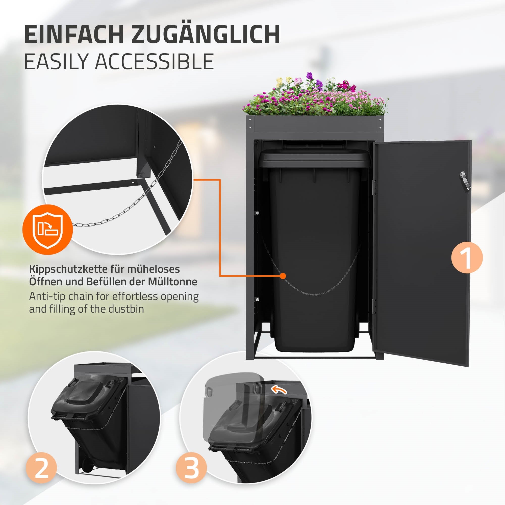 Mülltonnenbox mit Kipp-Schutz und leichtem Zugang zur Mülltonne.