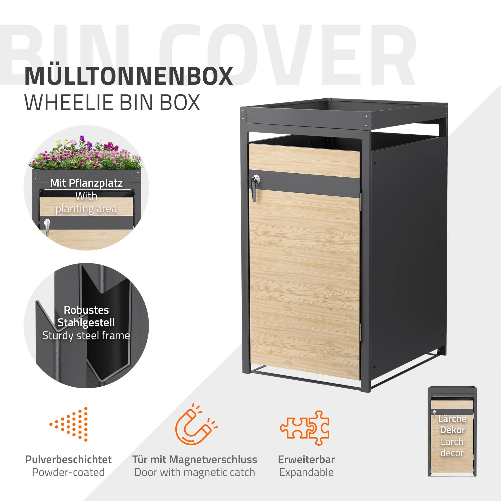 Mülltonnenbox mit Pflanzplatz, robustem Stahlgestell und magnetisc