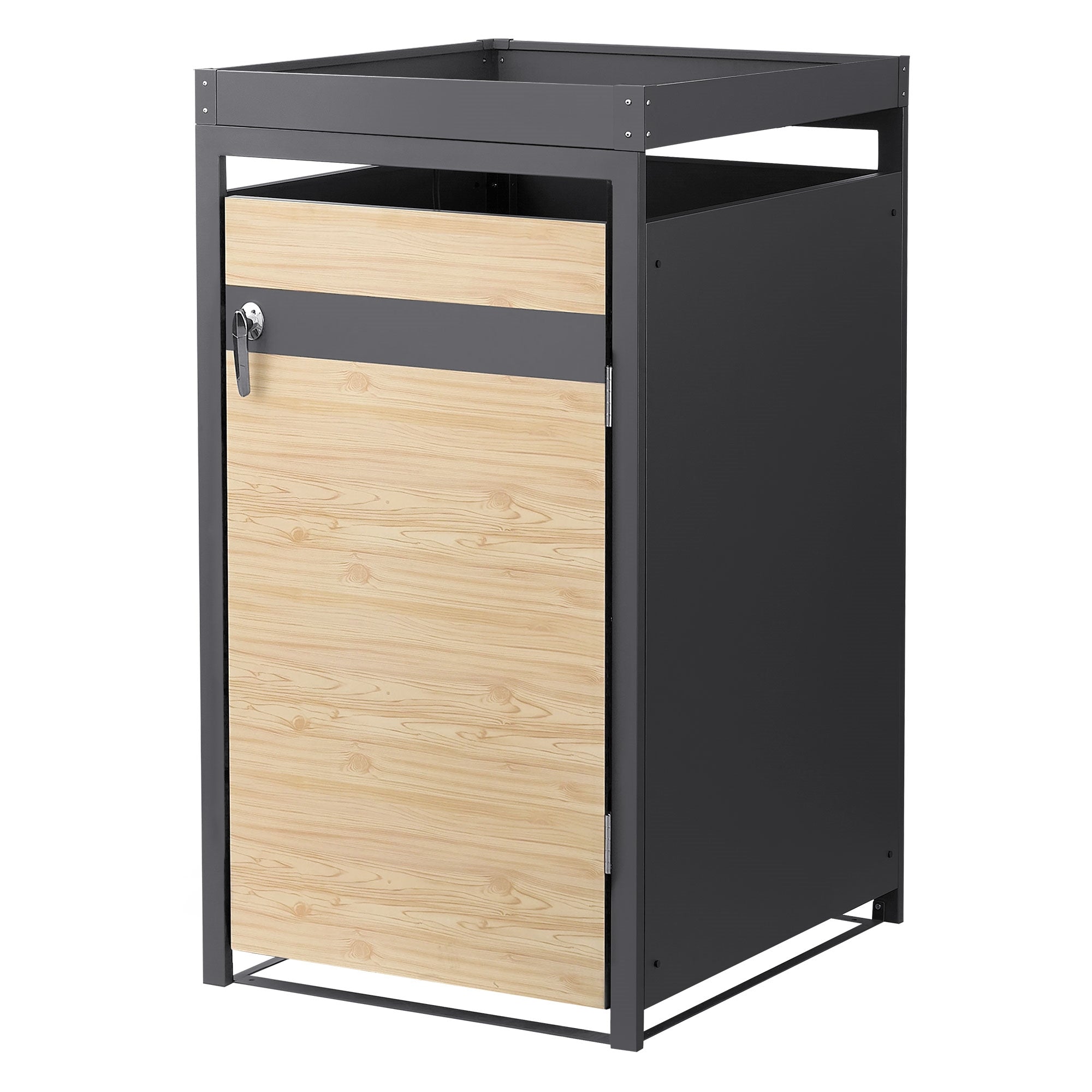 Einzelne Mülltonnenbox mit Holzfront und Metallrahmen.
