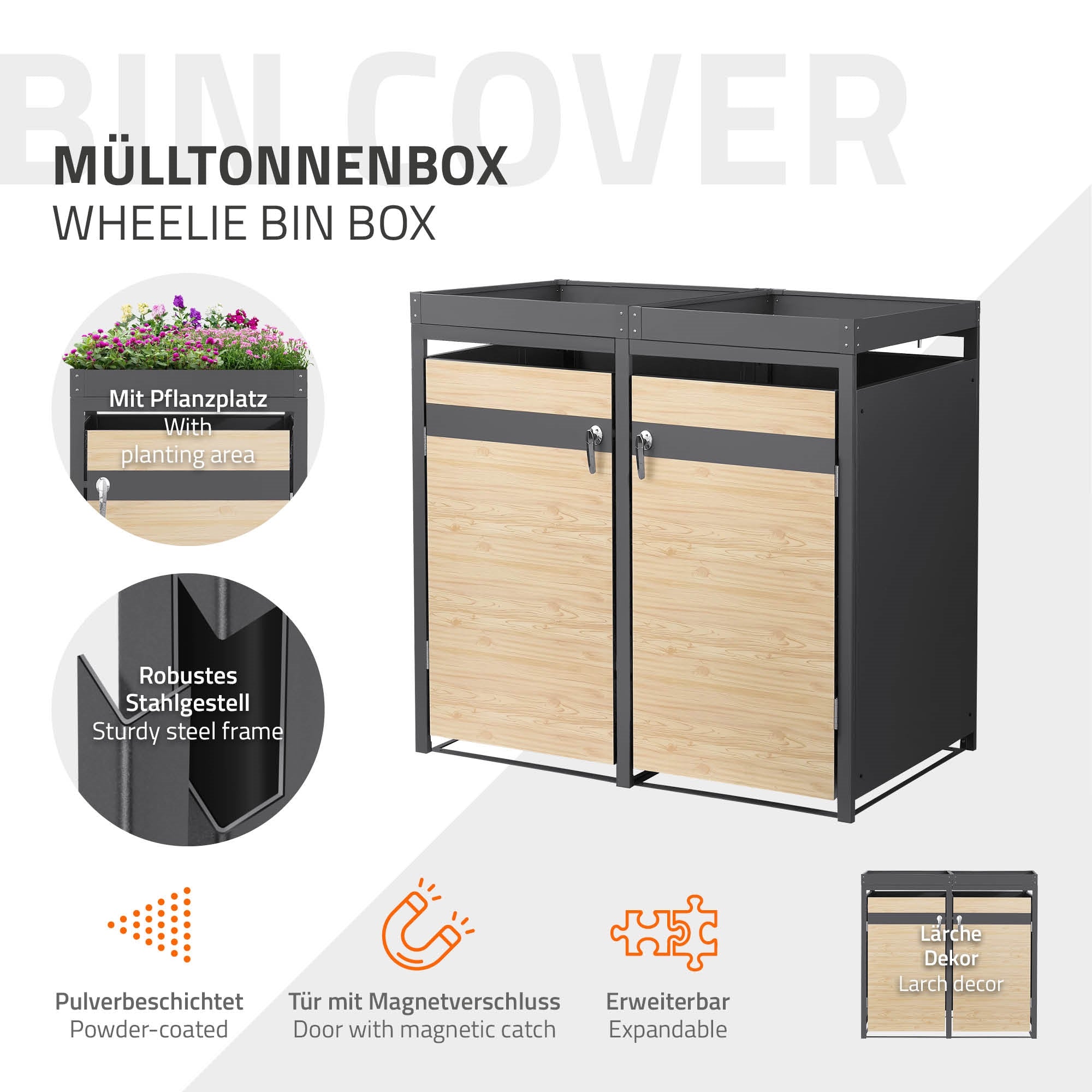 Mülltonnenbox mit Holzoptik und Magnetverschluss.
