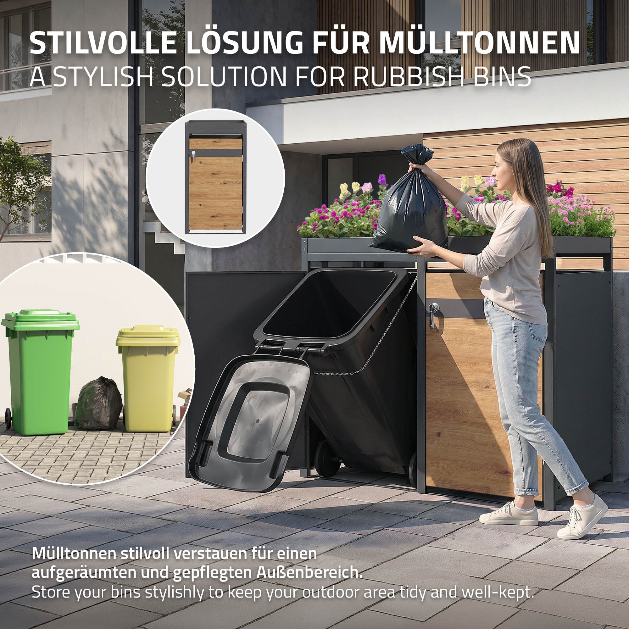 Mülltonnenbox mit zwei Mülltonnen, stilvoll im Außenbereich