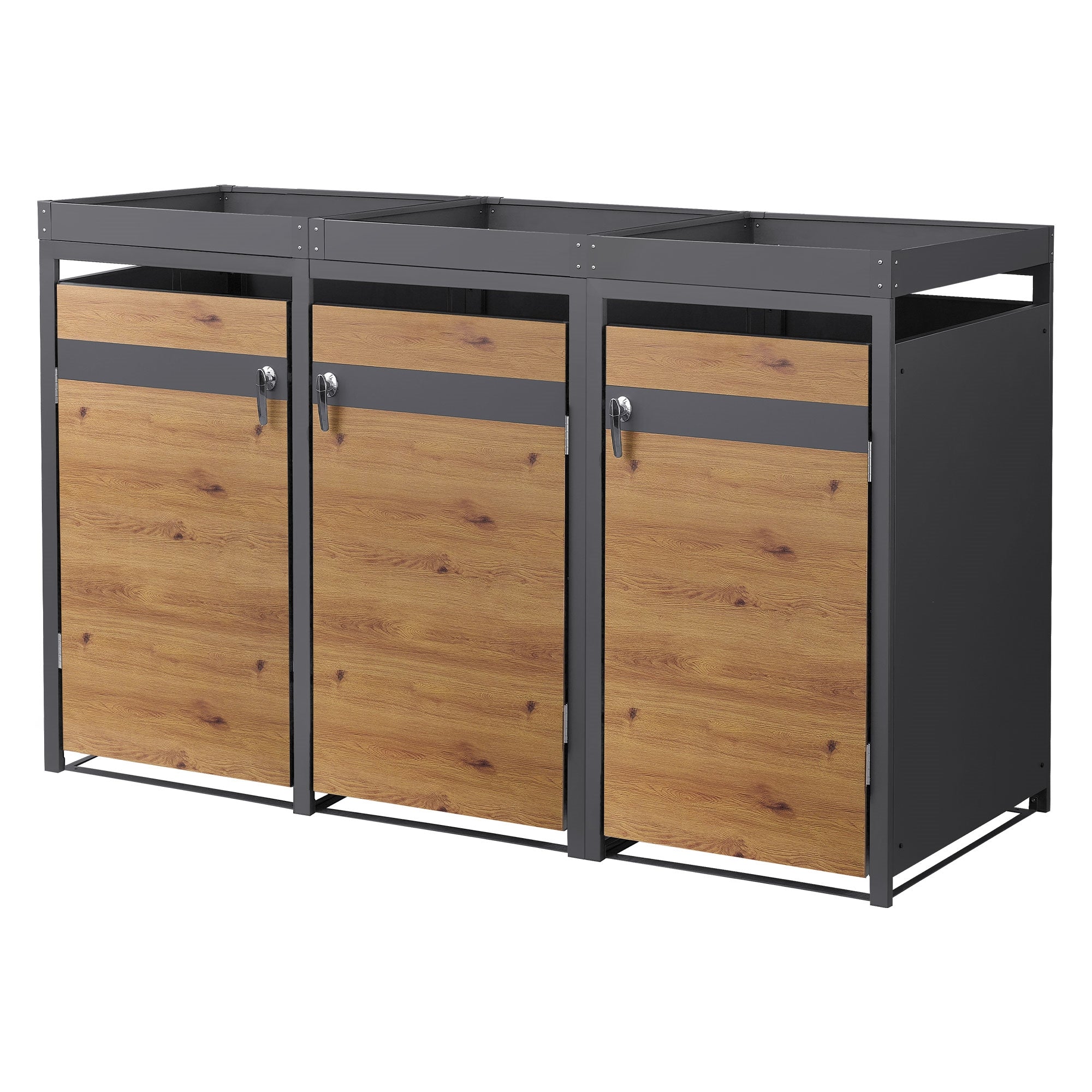 Mülltonnenbox mit drei Fächern und Holzoptik-Türen.