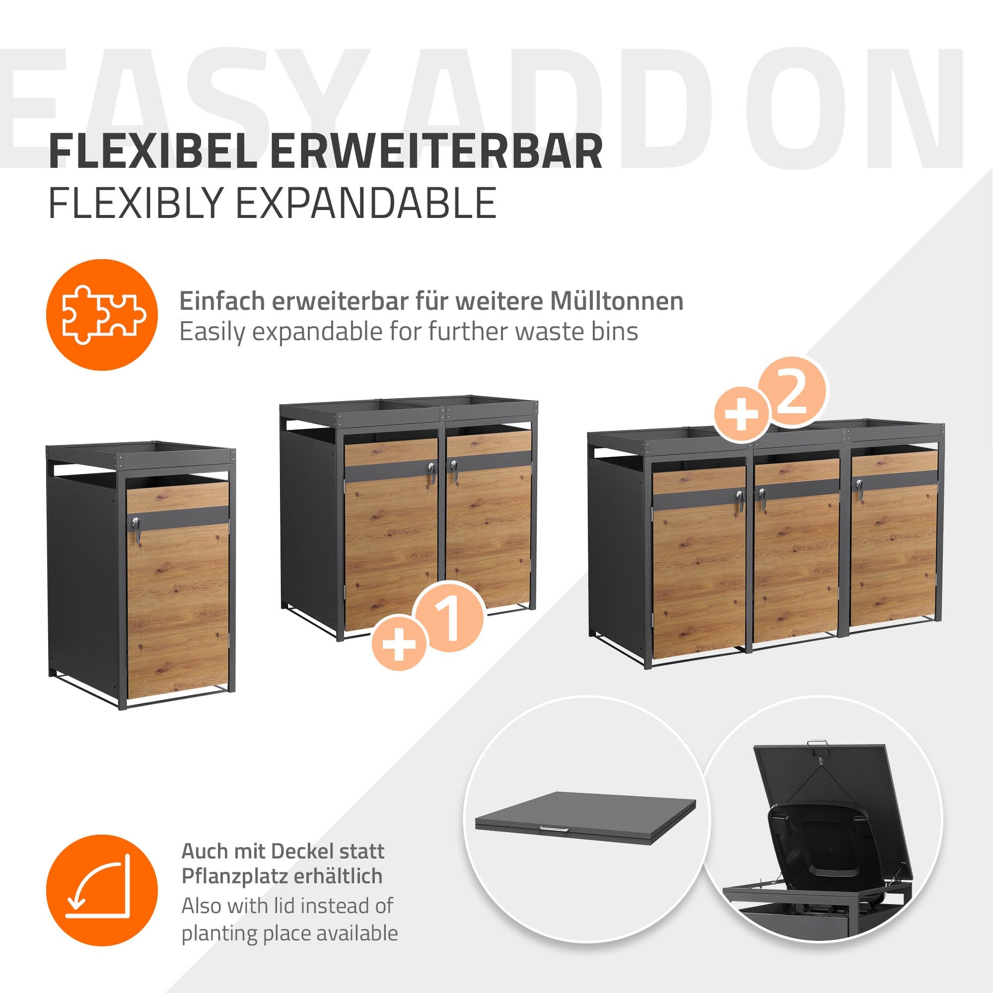 Grafik zeigt eine erweiterbare Mülltonnenbox mit Holz- und Metalloberfläche.