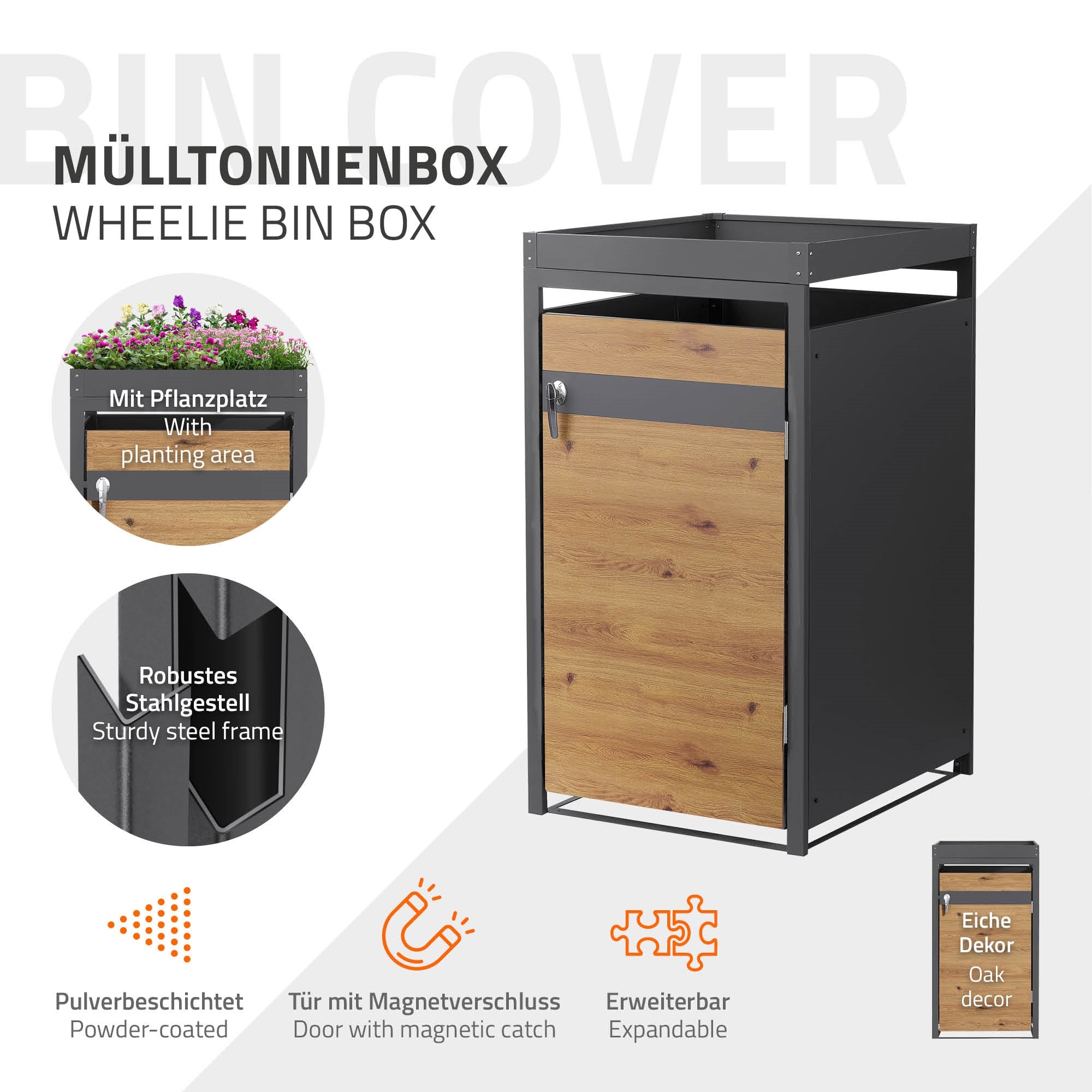 Mülltonnenbox mit Magnetverschluss und abschließbaren Griffen.