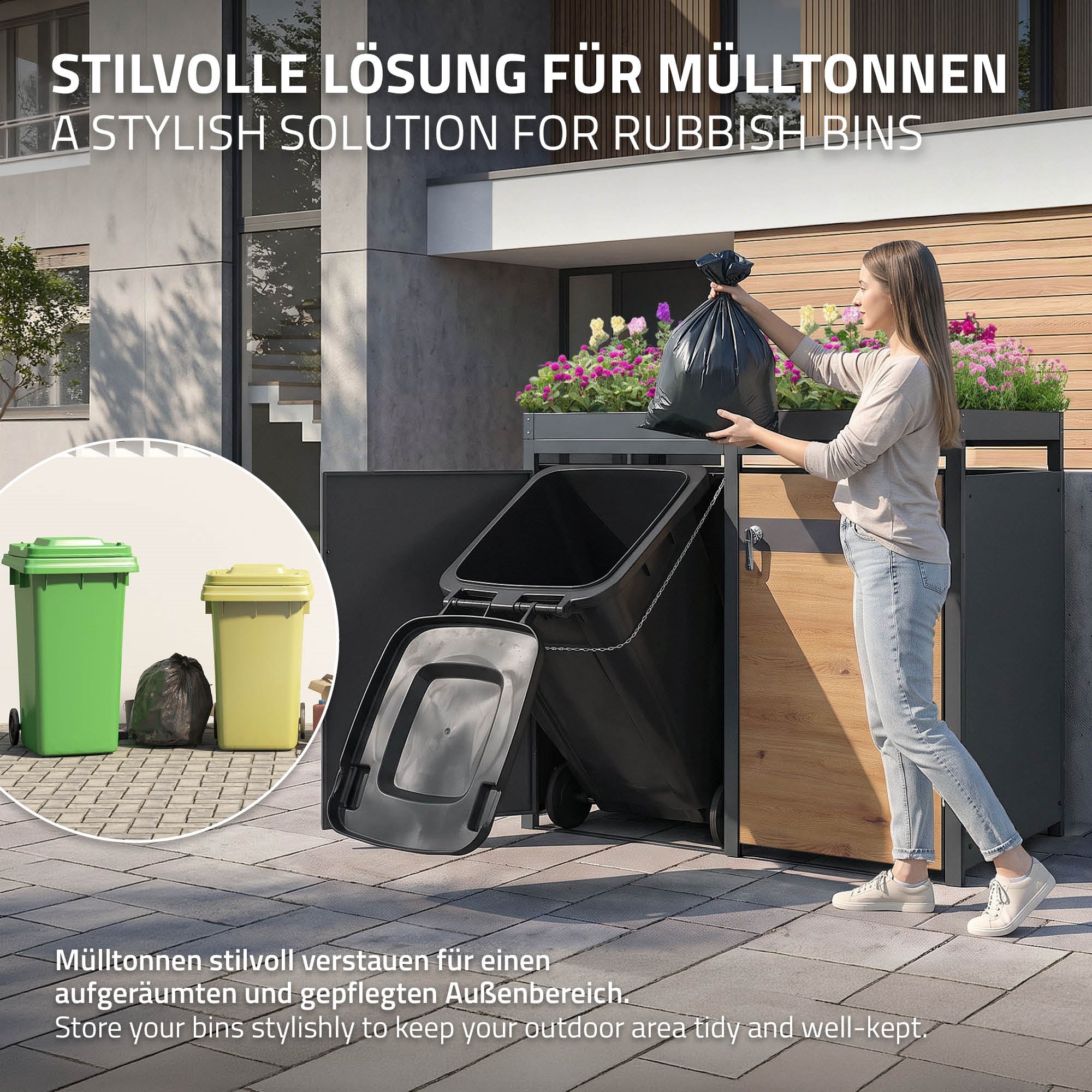 Frau entsorgt Müll in eine Mülltonnenbox, im Hintergrund st