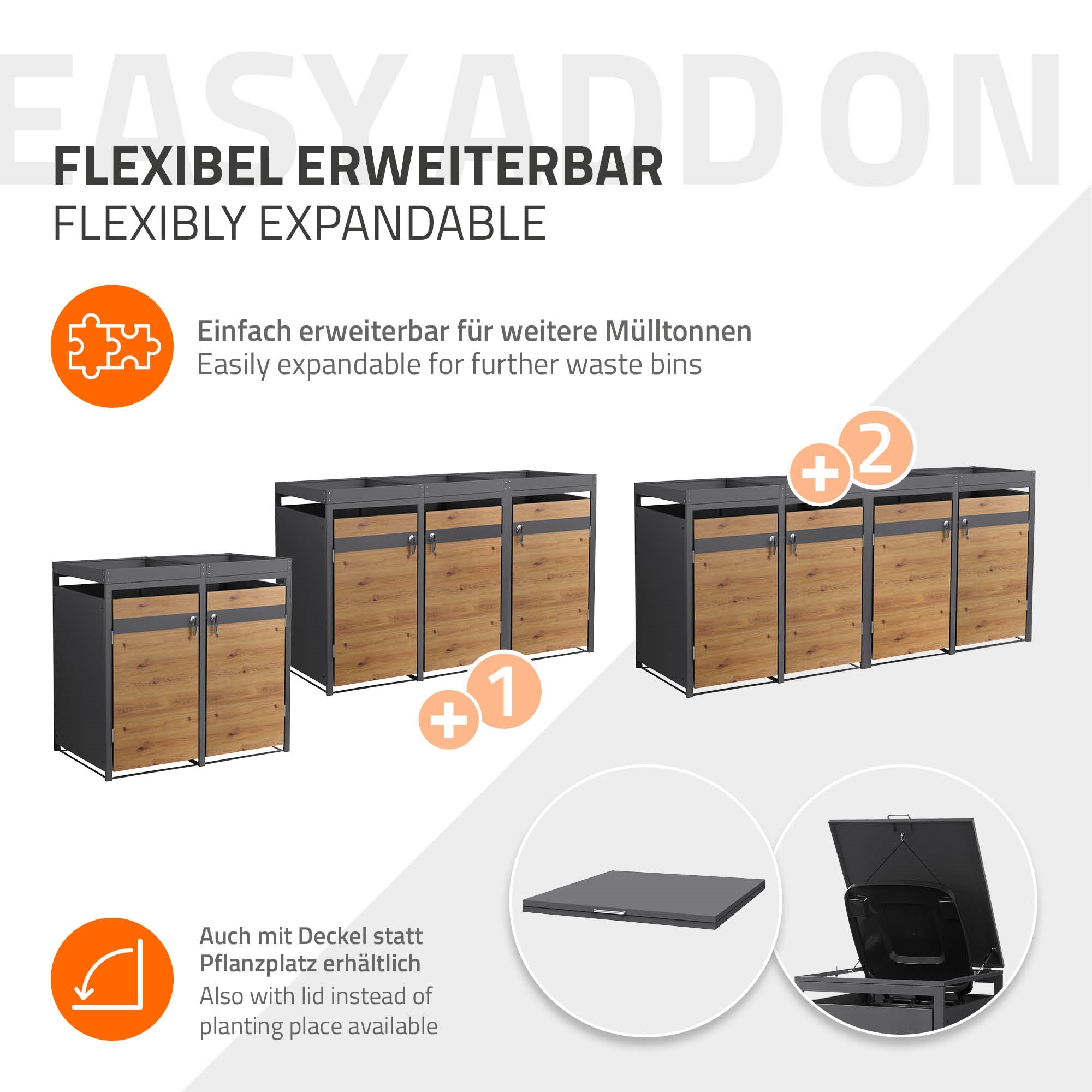 Grafik zur flexiblen Erweiterbarkeit von Mülltonnenboxen.