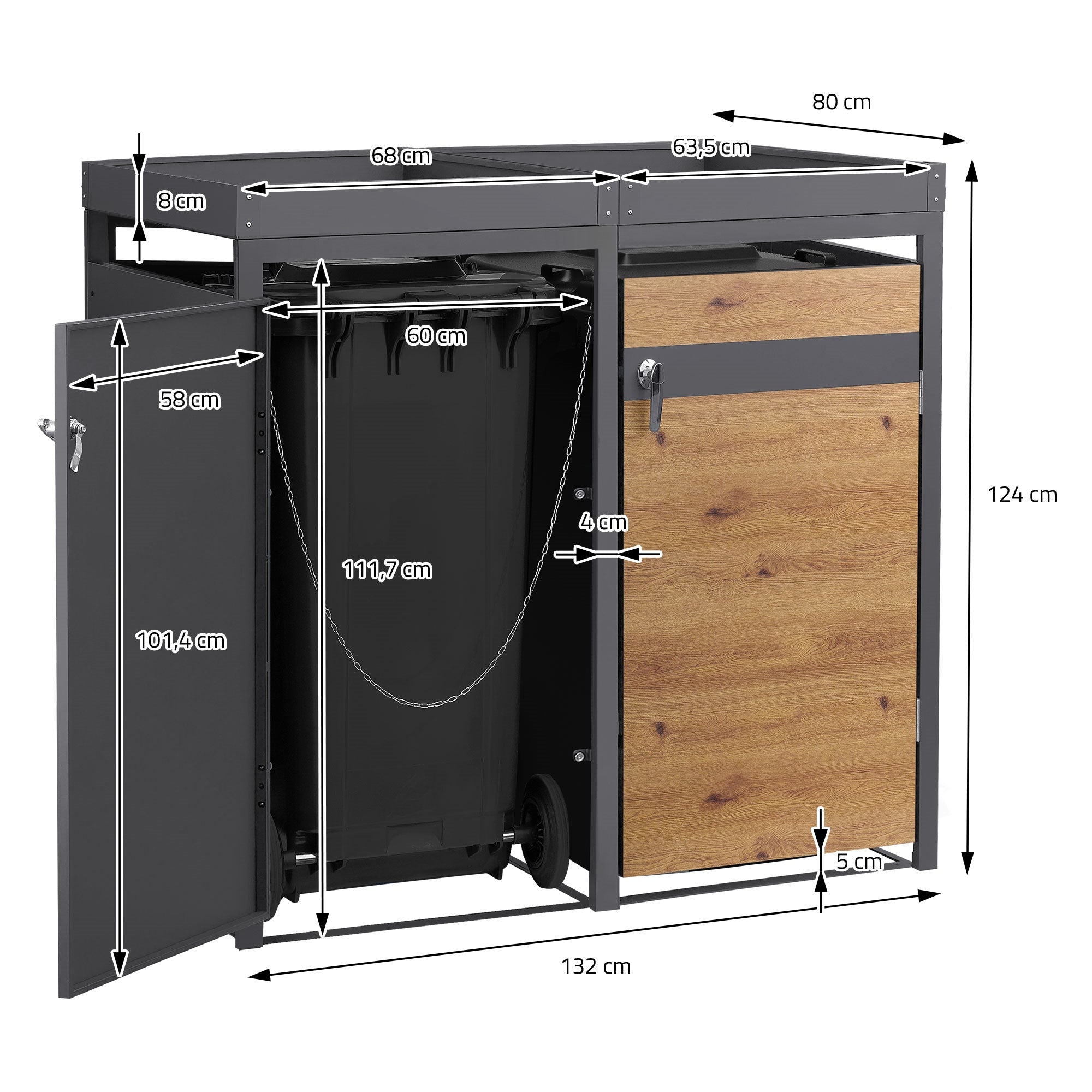 Mülltonnenbox mit Abmessungen und einem Holzpaneel.