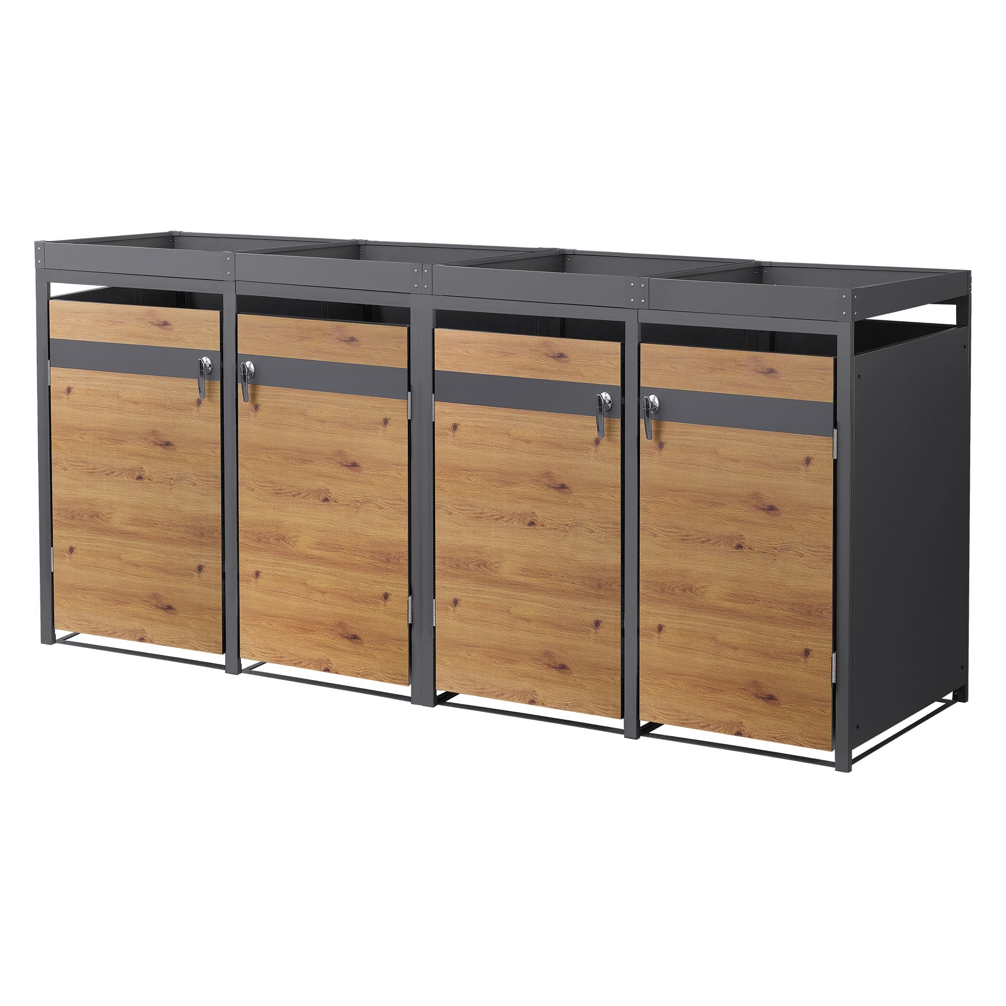 Mülltonnenbox mit vier Fächern und Holzoptik-Türen.