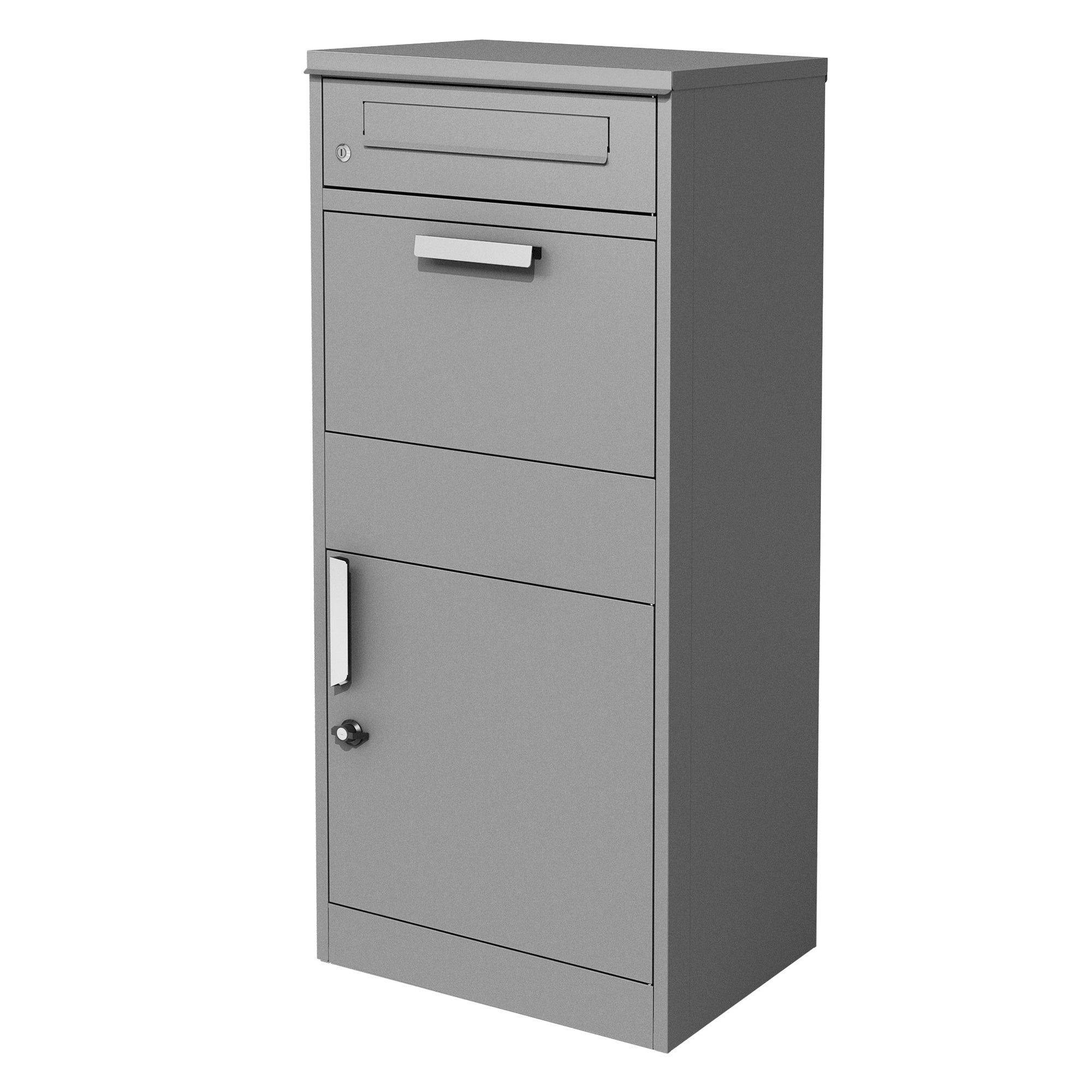 Grauer Standbriefkasten mit Briefschlitz und Schließfach.