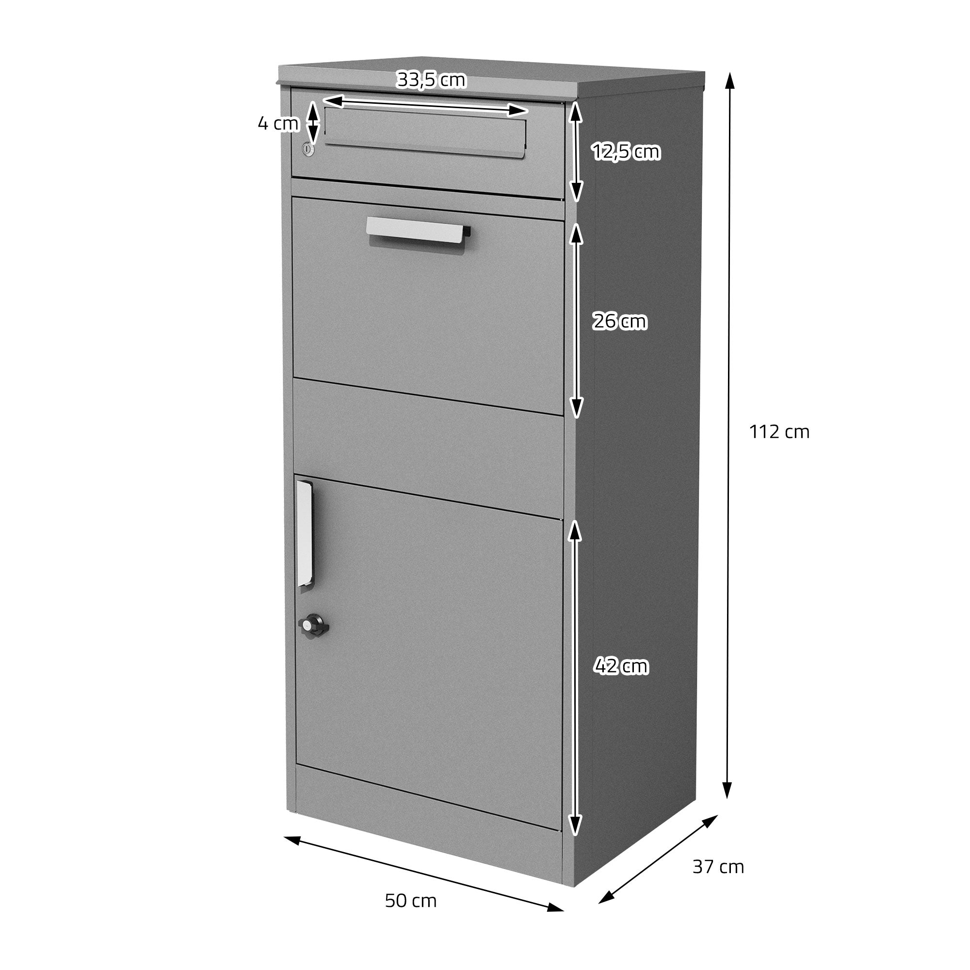 Grauer Briefkasten mit Maßen: 112 cm hoch, 50 cm breit, 37 cm tief.