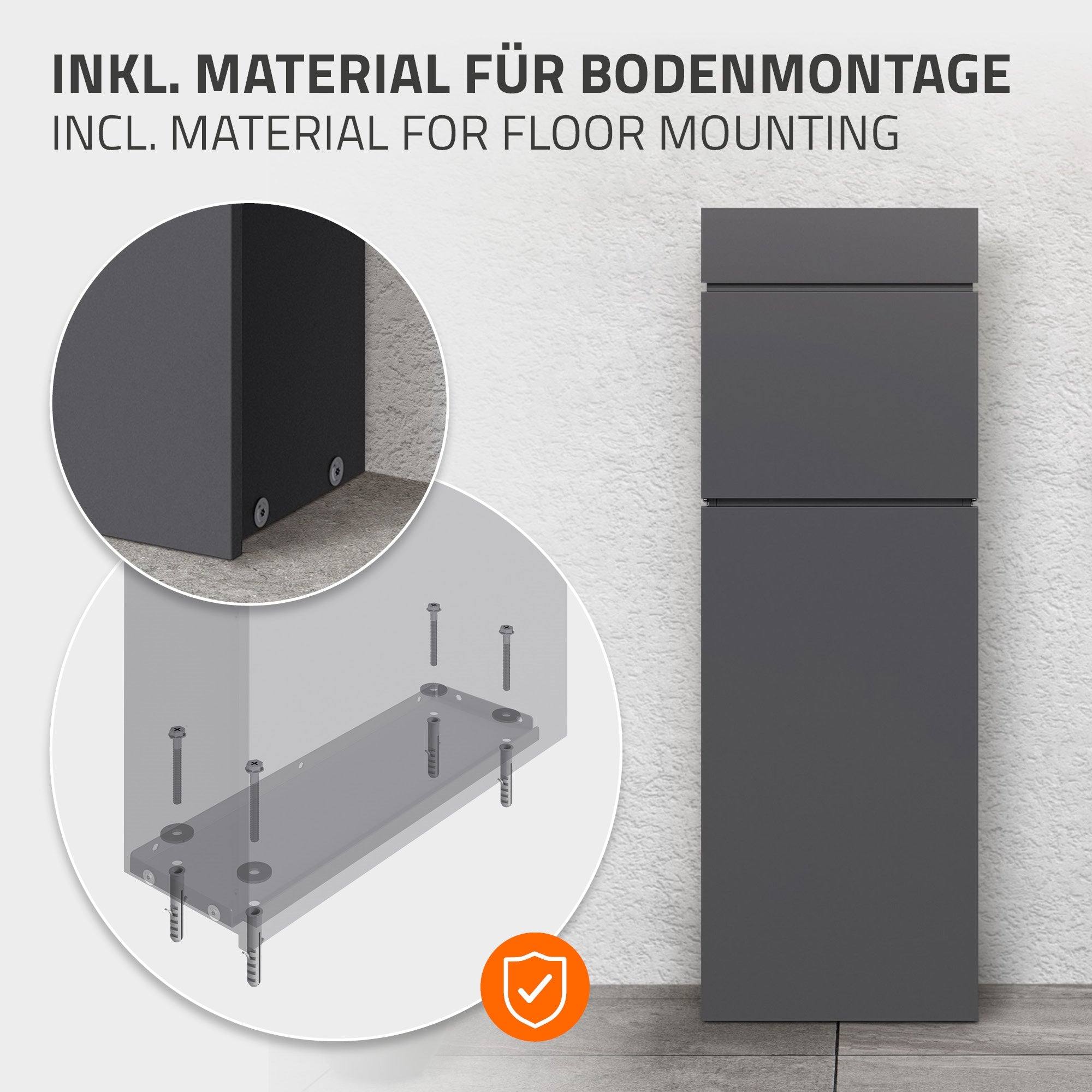 Armoire avec instructions de montage pour montage au sol, vue détaillée des vis.