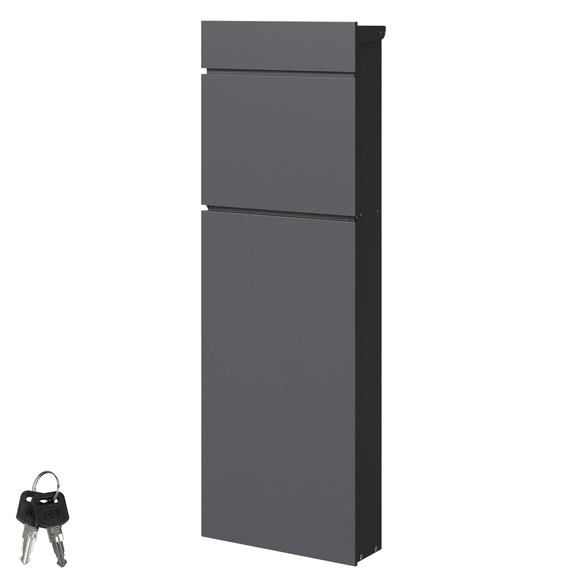 Armoire étroite grise avec deux portes et un compartiment supérieur.