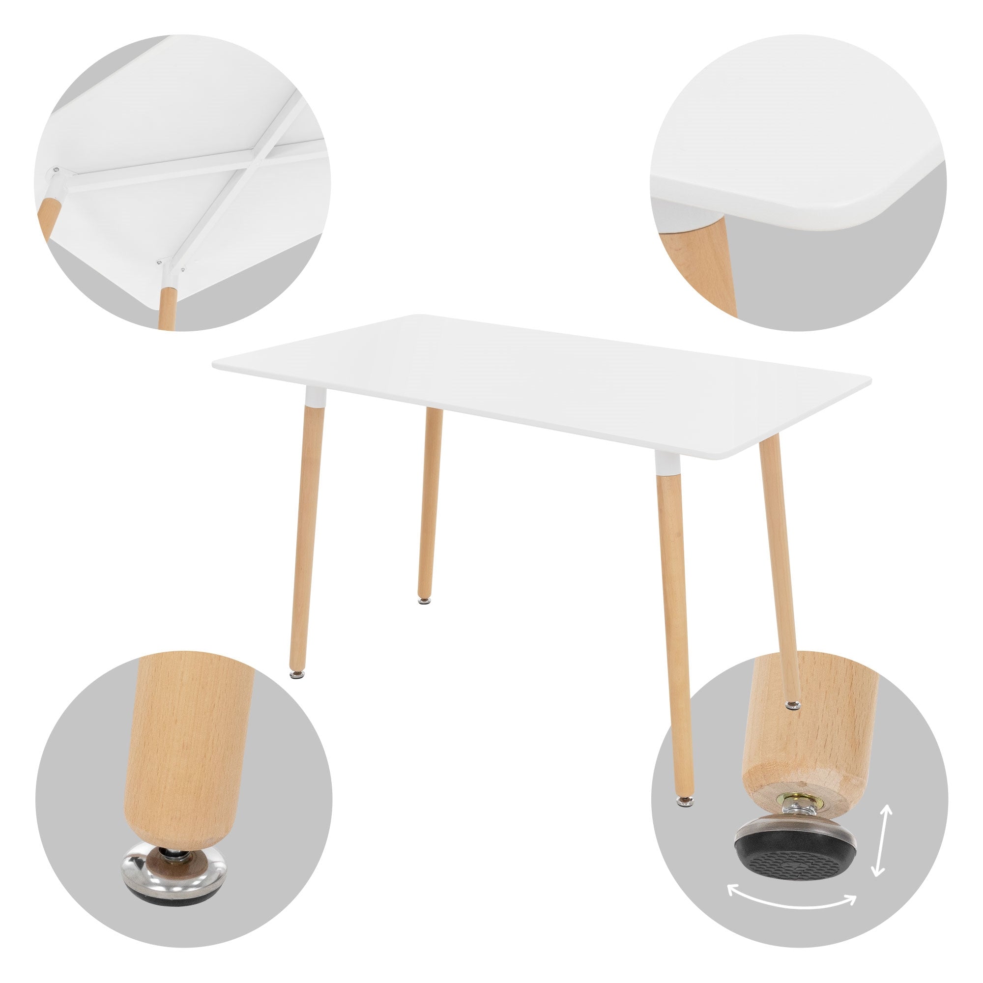 White table with wooden legs, detail views of the legs and tabletop.
