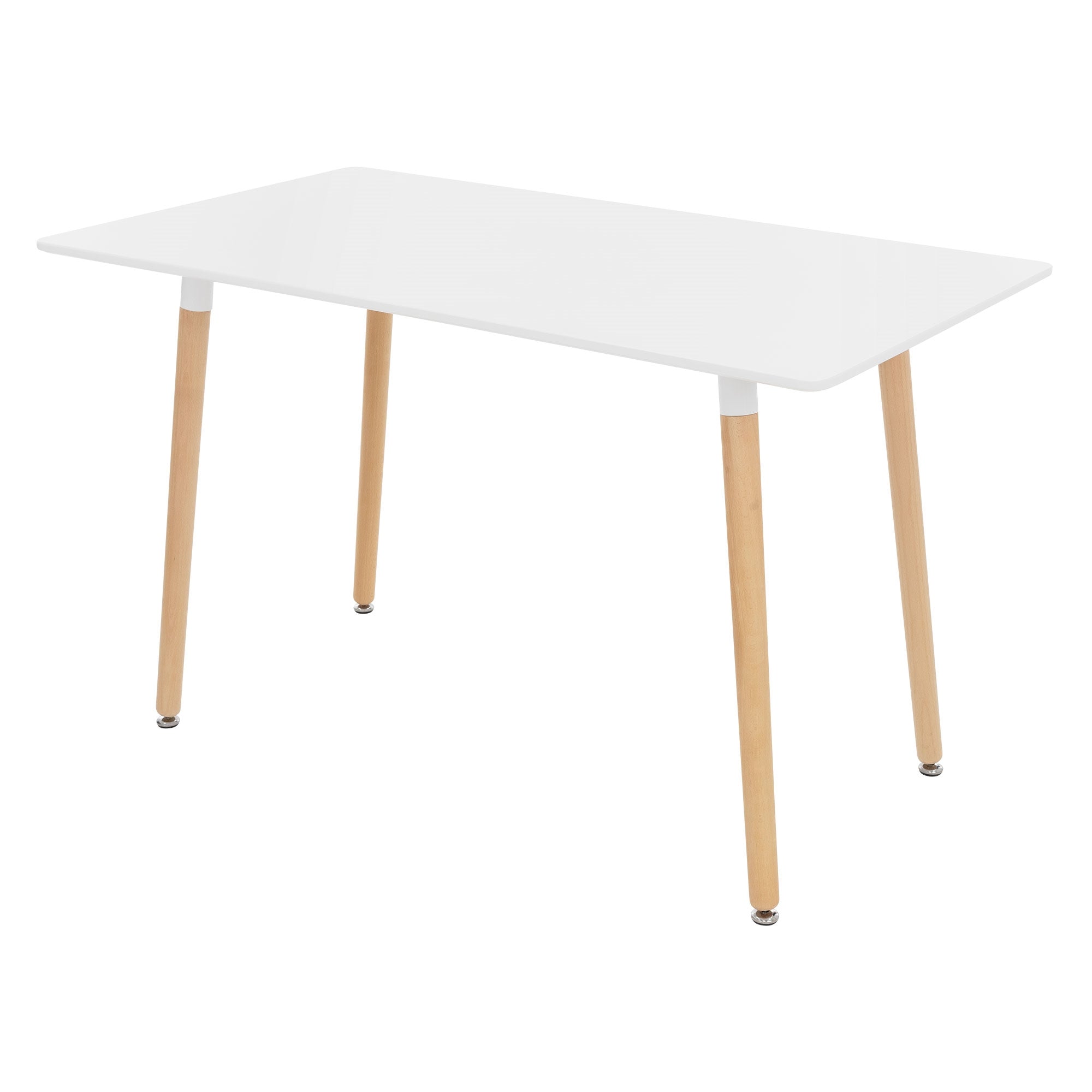 White table with wooden legs, rectangular tabletop.
