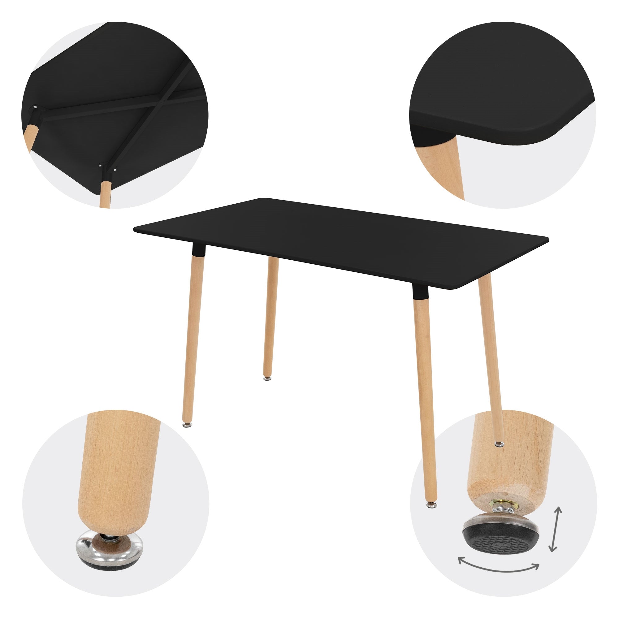 Schwarzer Tisch mit Holzbeinen, Detailansichten der Tischbeine und Tischplatte.