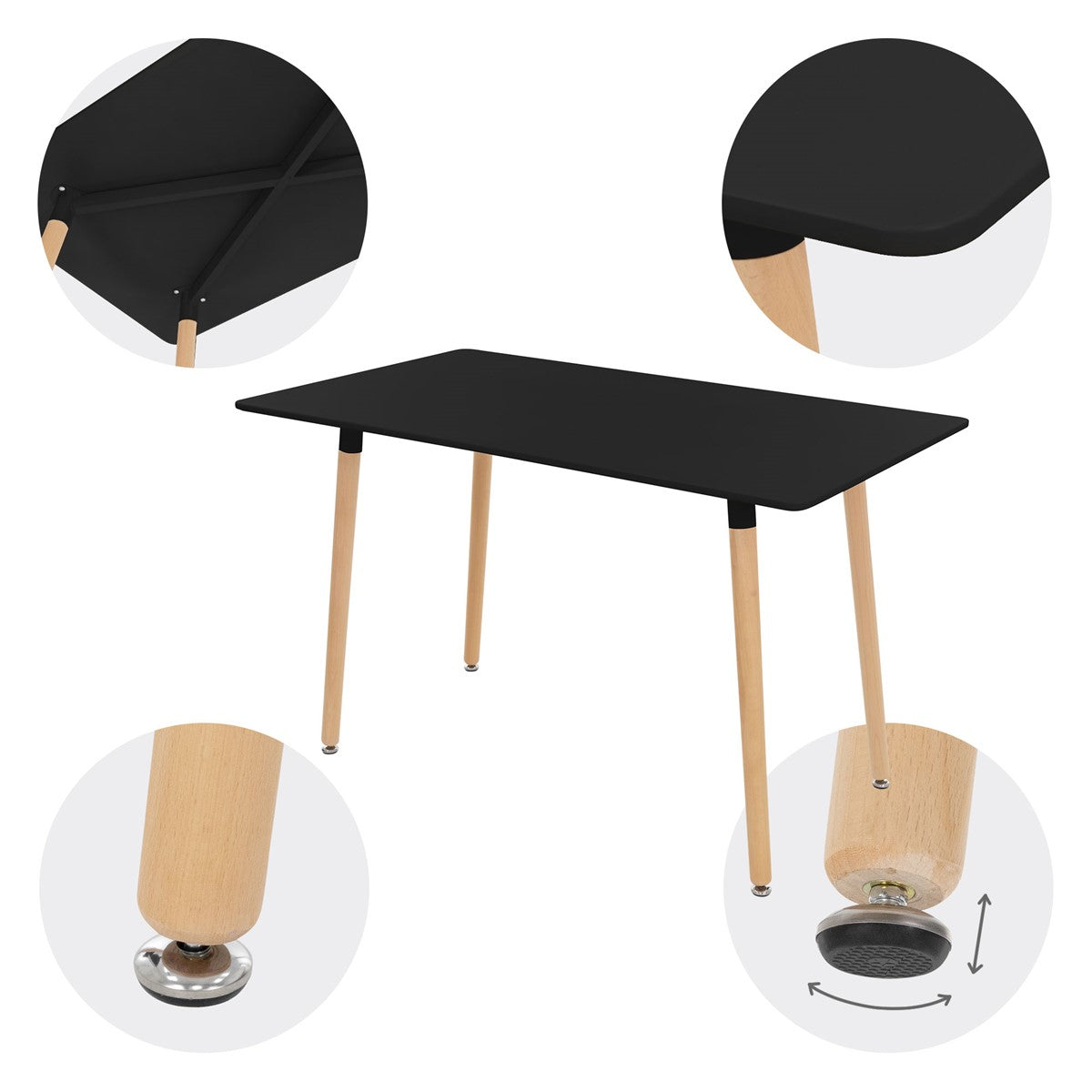 Sort bord med træben, detaljebilleder af bordbenene og bordpladen.