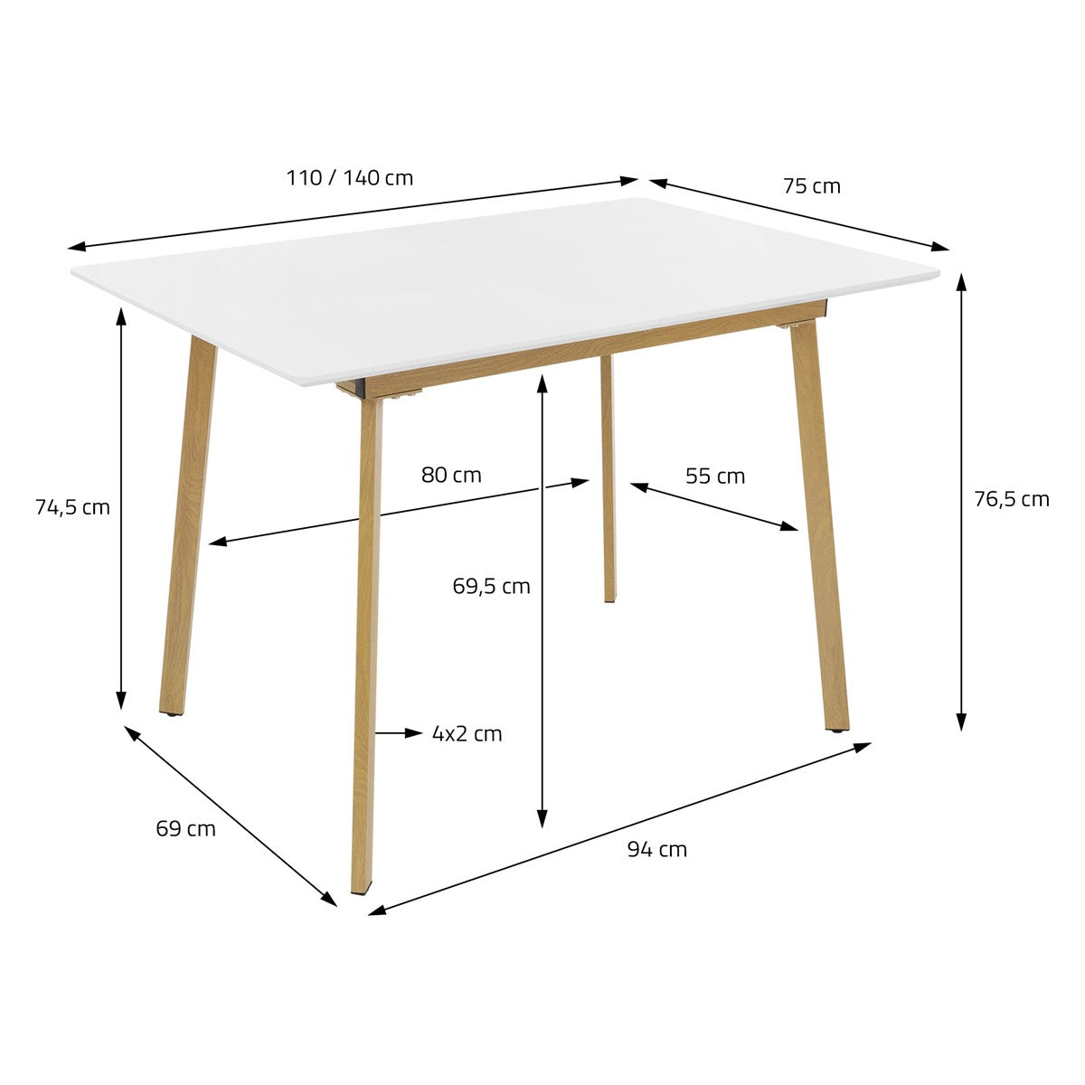 Witte tafel met houten poten en afmetingen.
