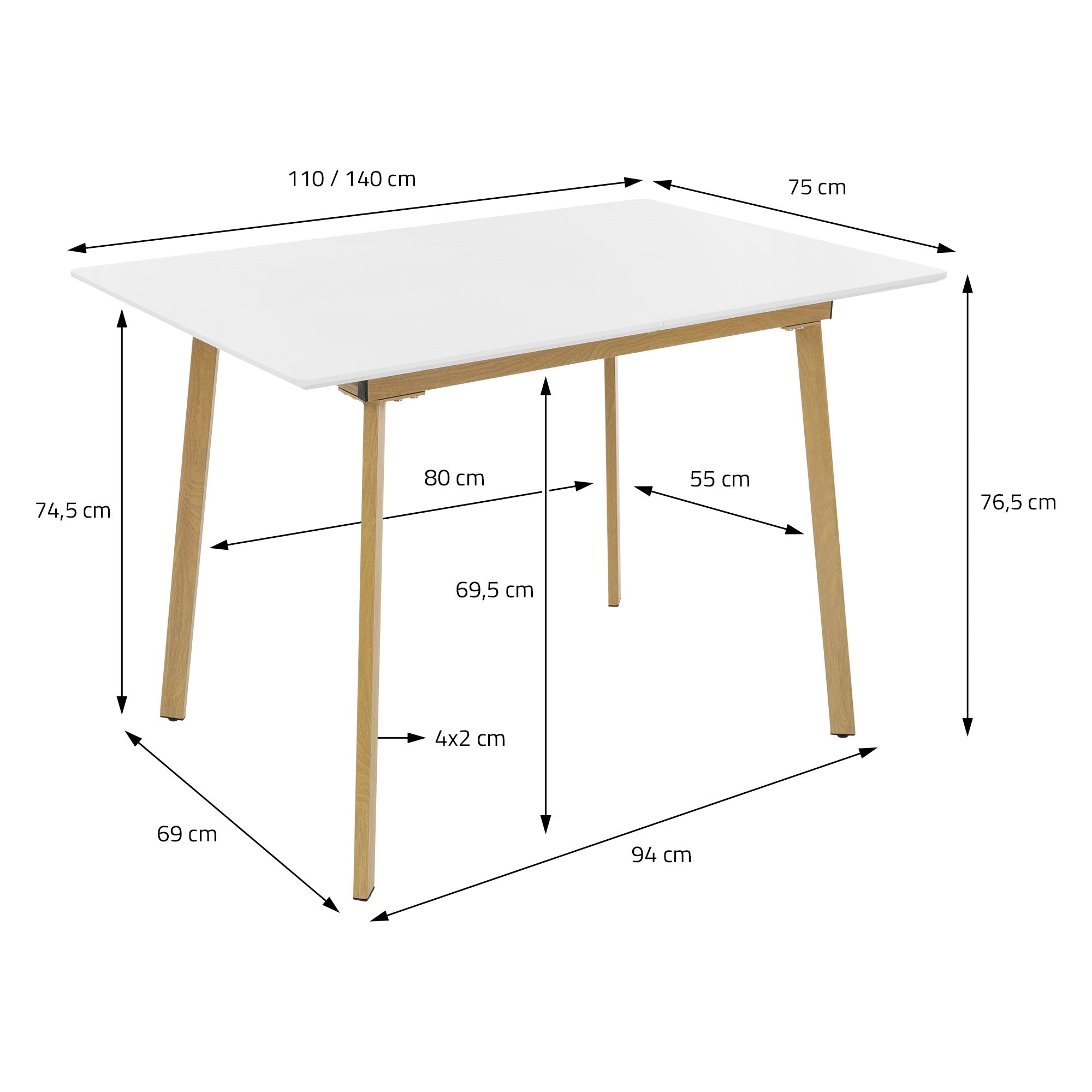 Weißer Tisch mit Holzbeinen und Maßangaben.