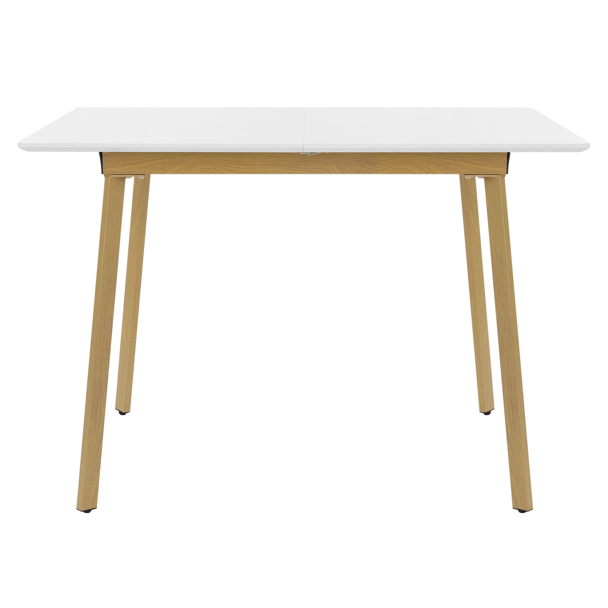 Ein Tisch mit weißen Oberflächen und Holzbeinen.