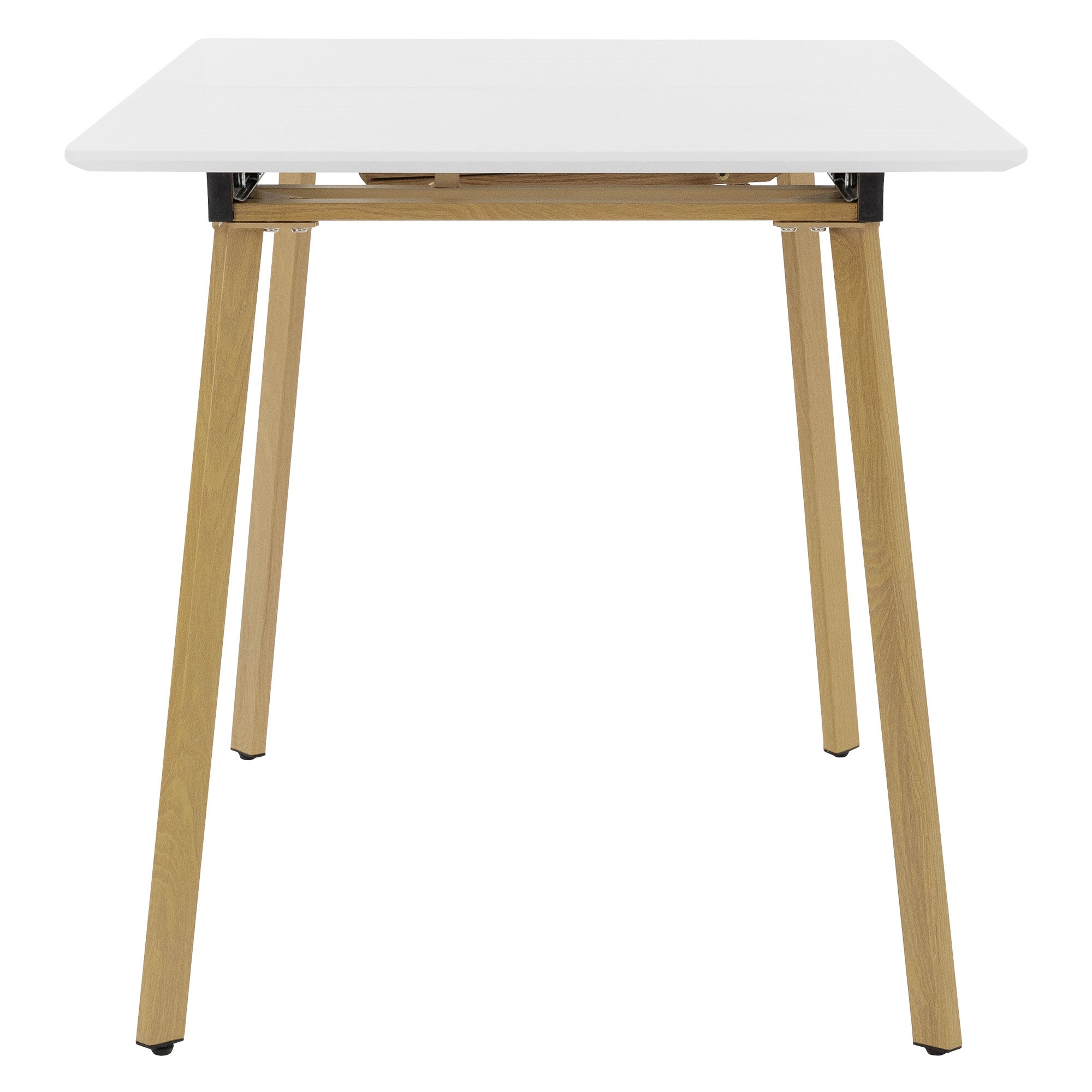 Weißer Tisch von vorne mit Holzbeinen und Klappmechanismus.