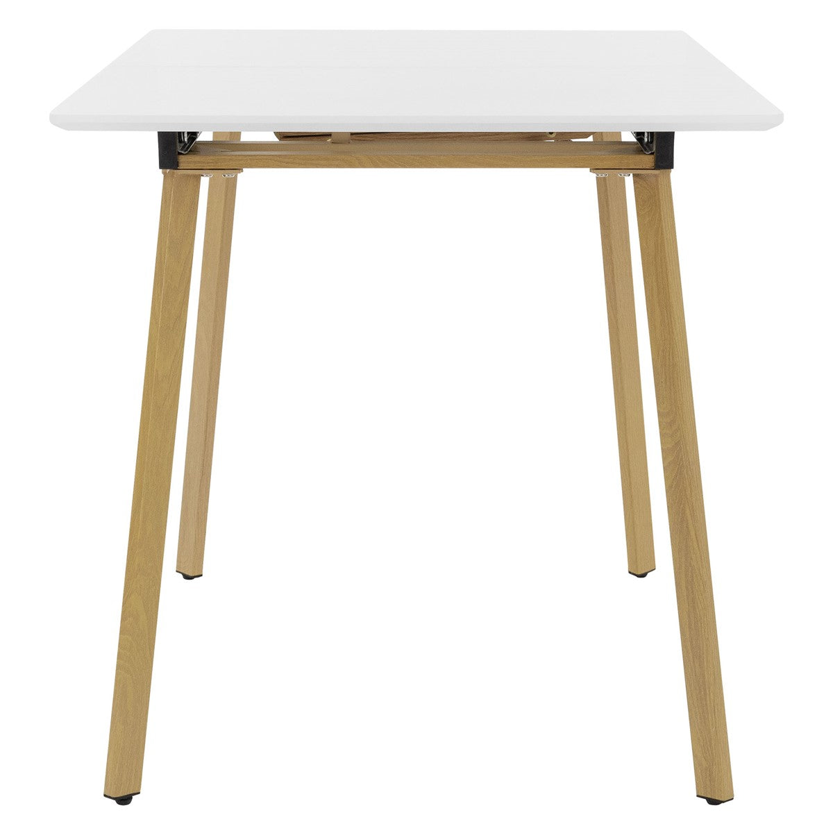 Witte tafel van voren gezien, met houten poten en een klapmechanisme.