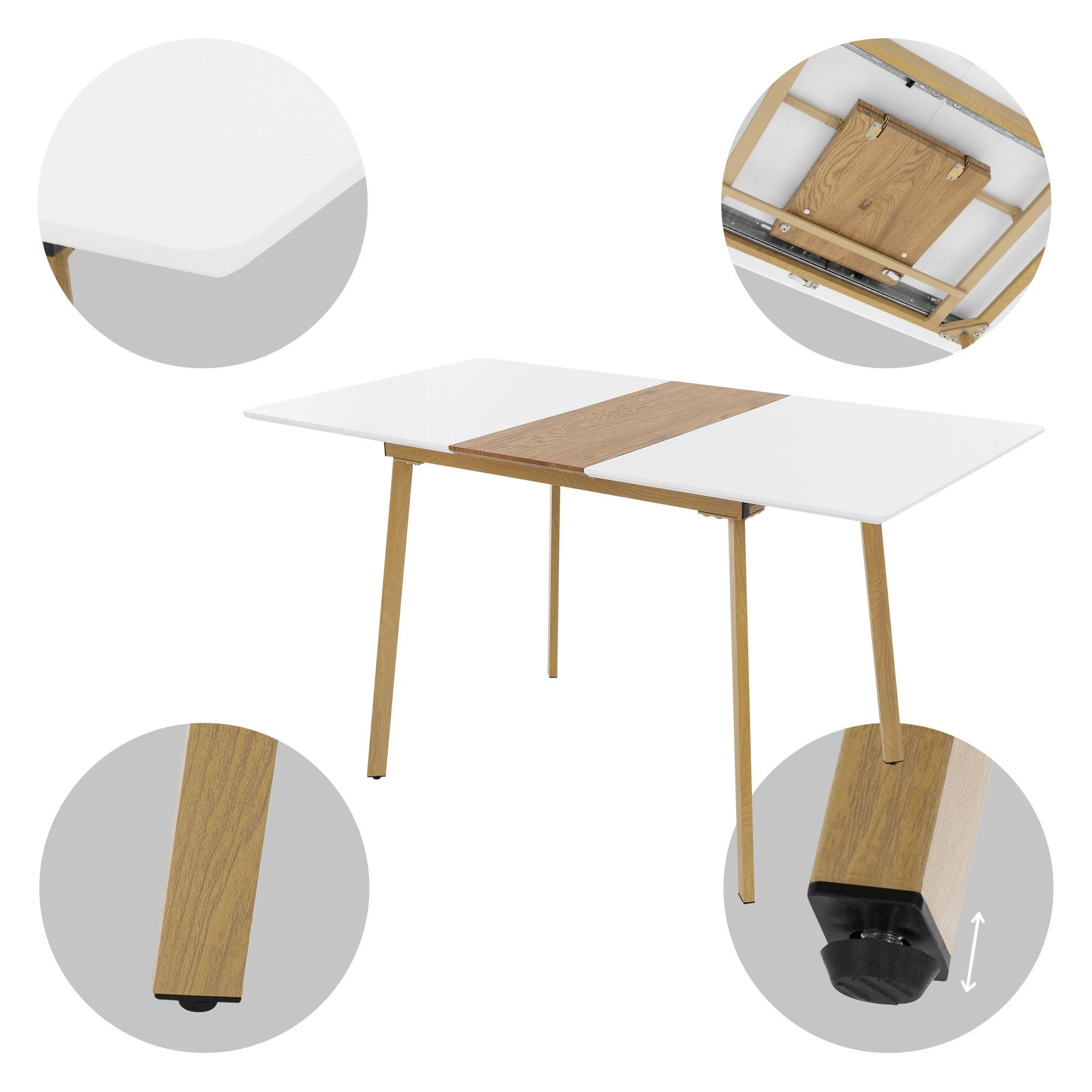 Ein Tisch mit zwei Platten, einer Holzverbindung und verschiedenen Detailansichten.