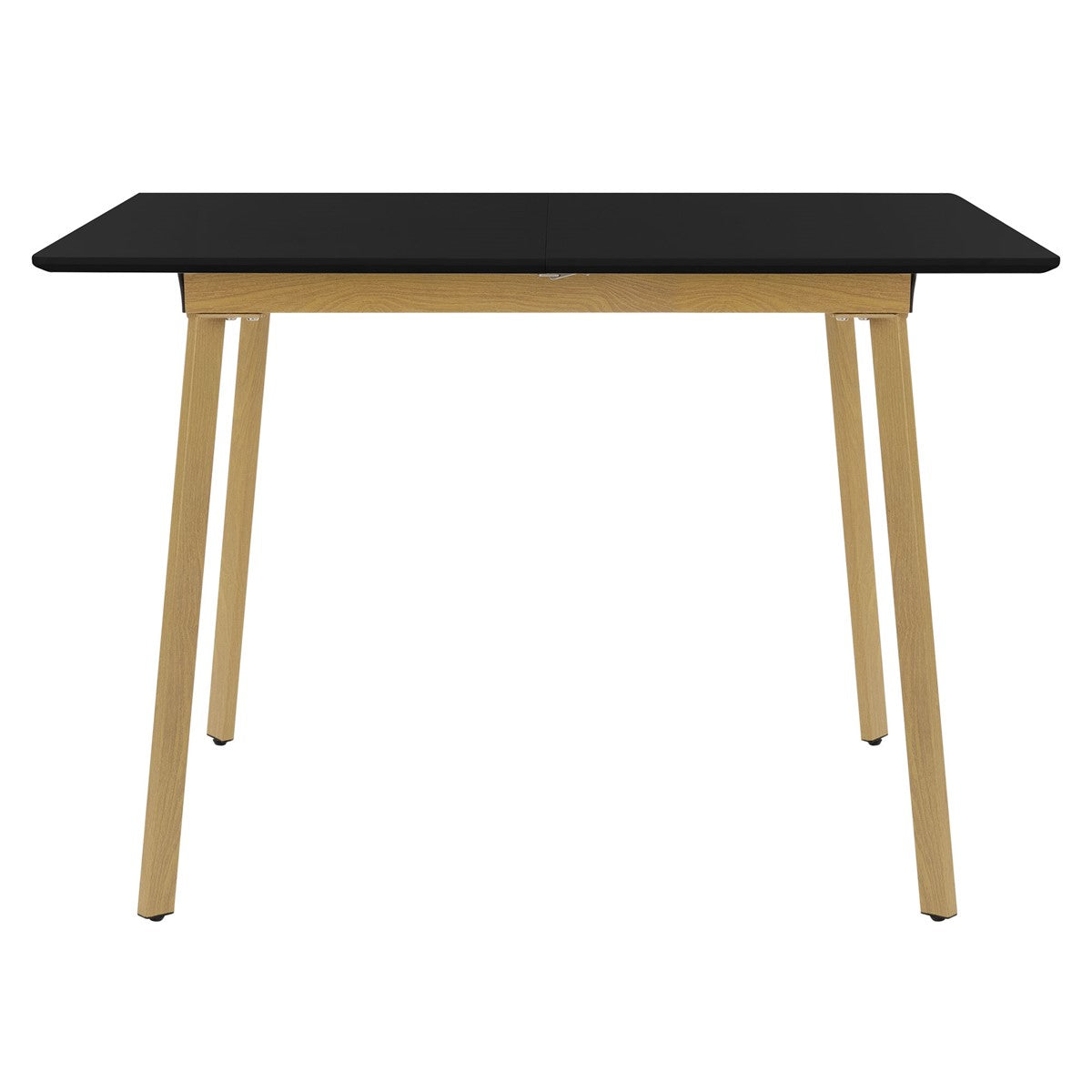 Mesa preta com pernas de madeira, fotografada de frente.