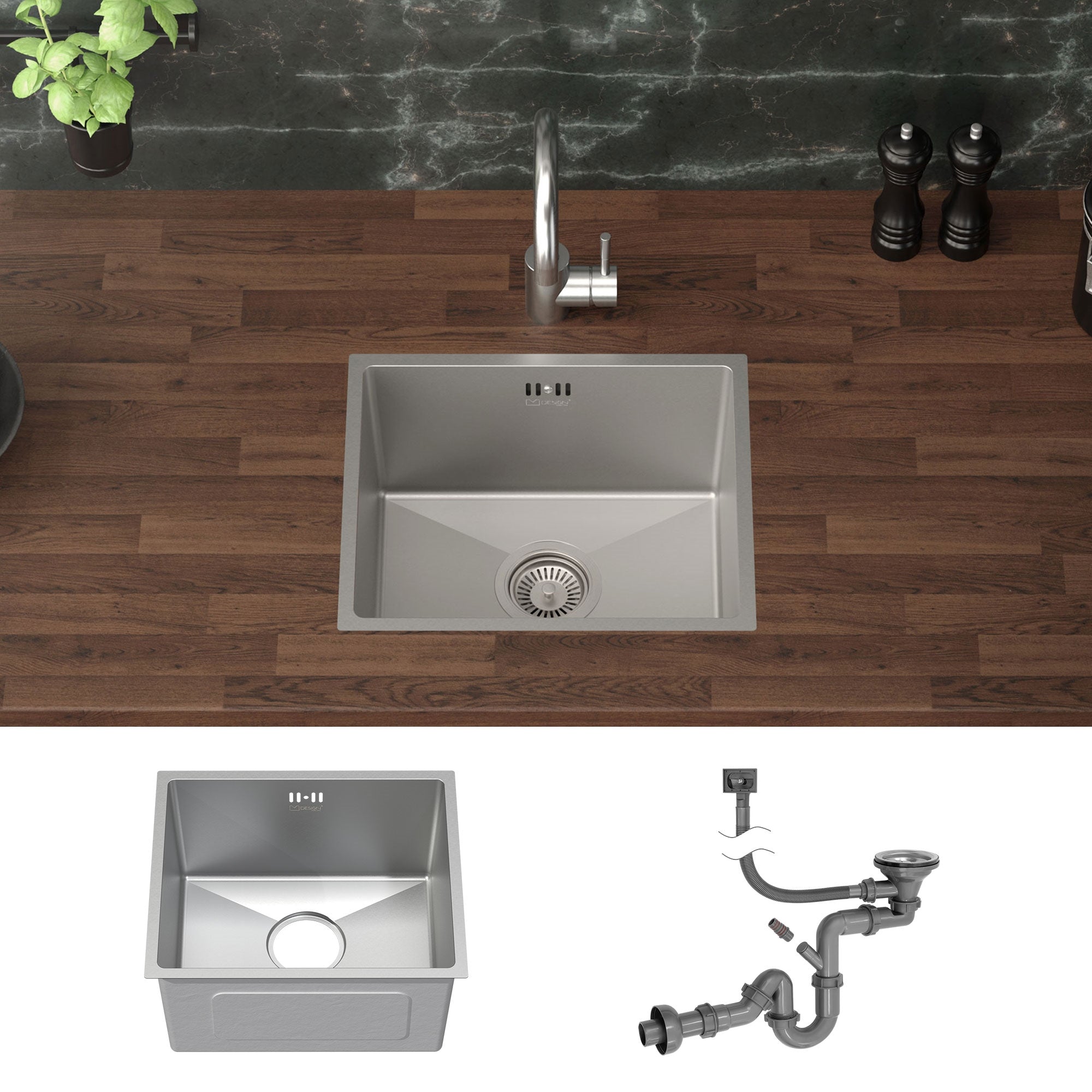 Silver sink on wooden countertop with drain pipes.