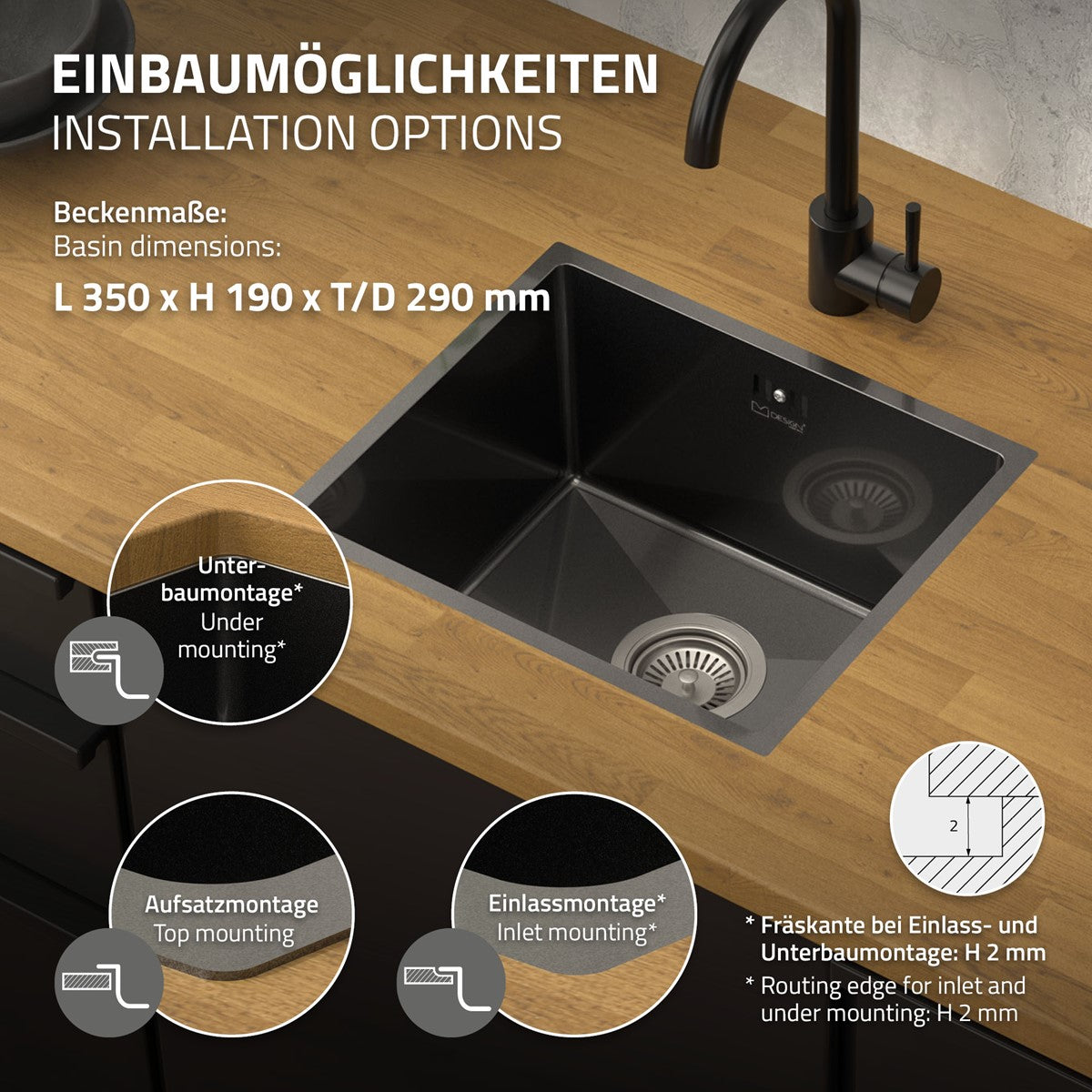 Küchenbecken mit Unter- und Aufsatzmontageoptionen auf Holzarbeitsplatte.