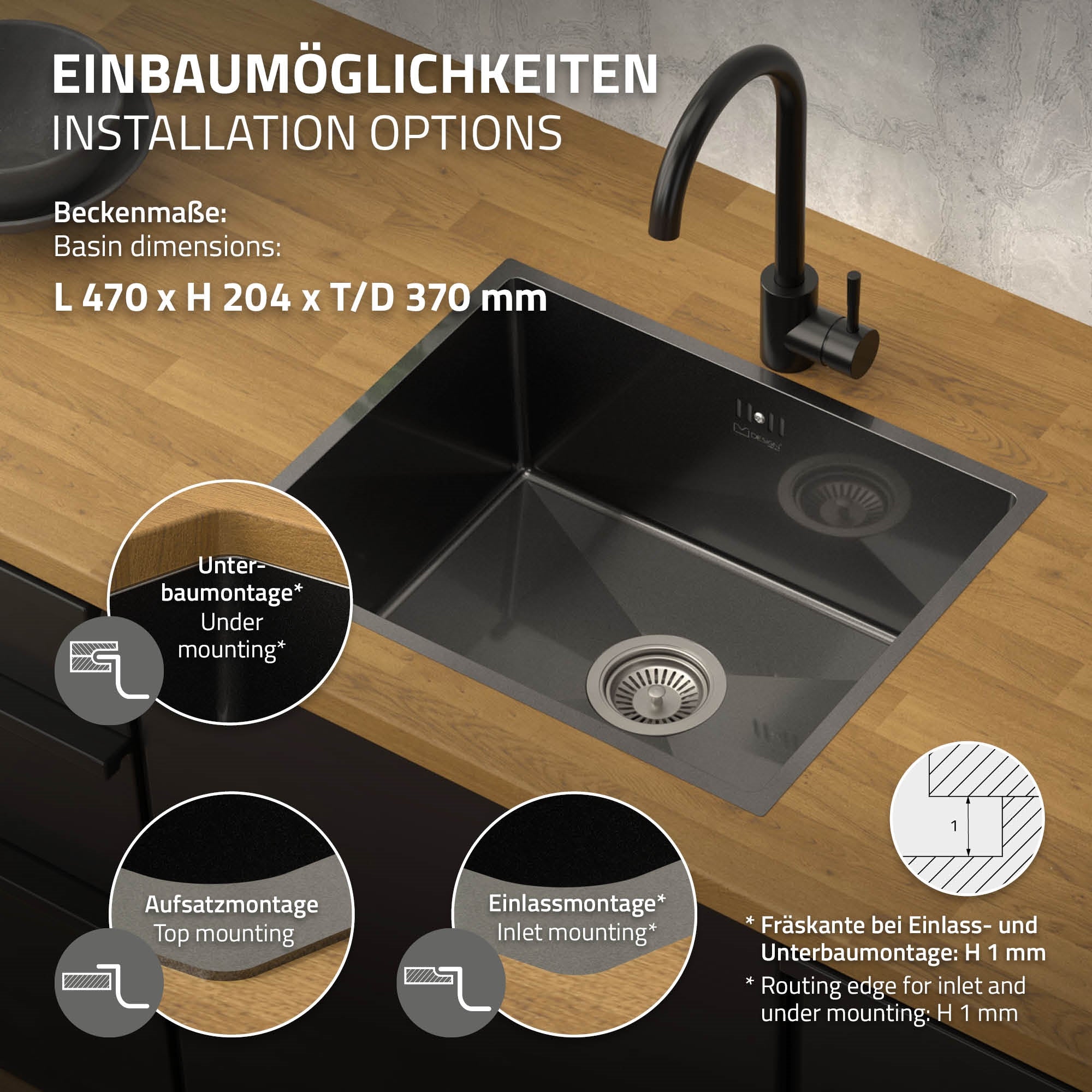 Küchenbecken mit verschiedenen Einbaumöglichkeiten auf Holzoberfläche.