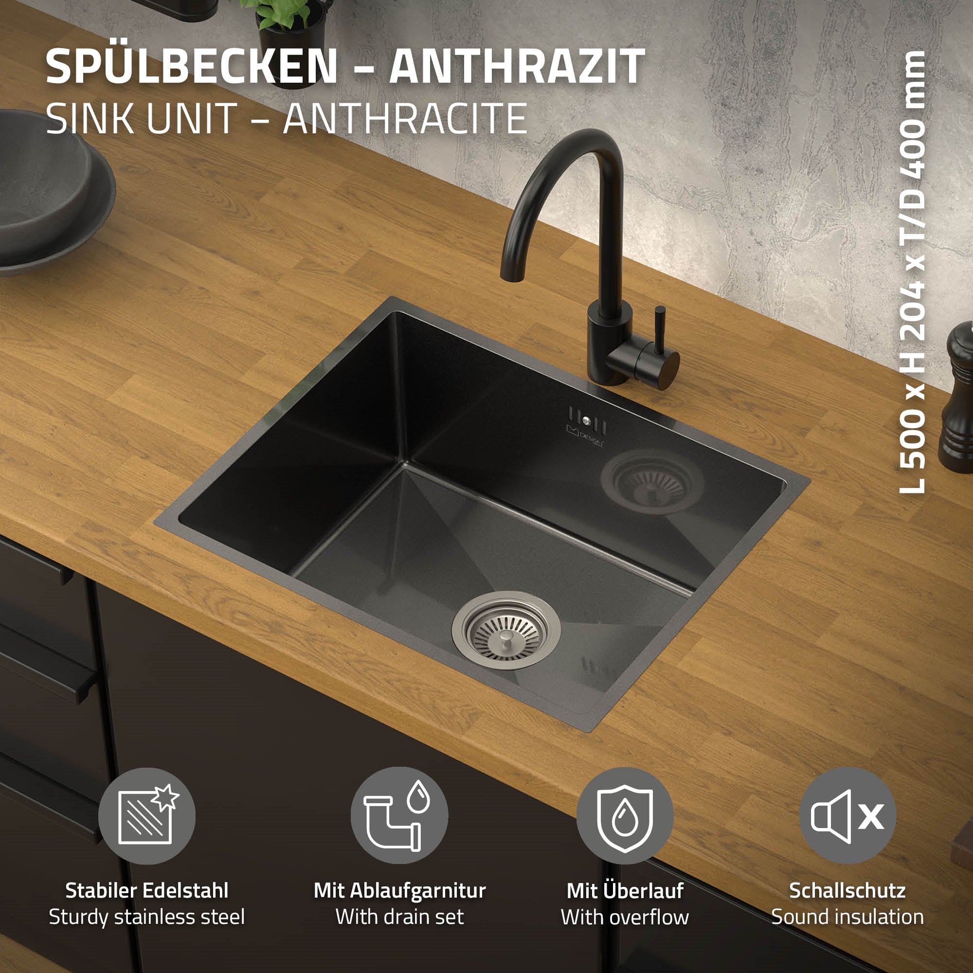 Anthrazitfarbene Spüle mit Abfluss und Schallschutz.