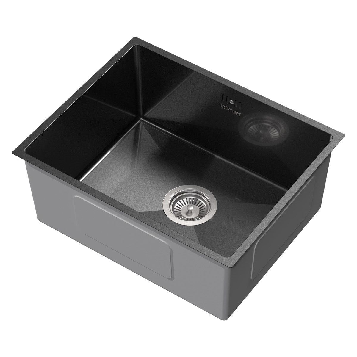 Black sink with drain on light background.