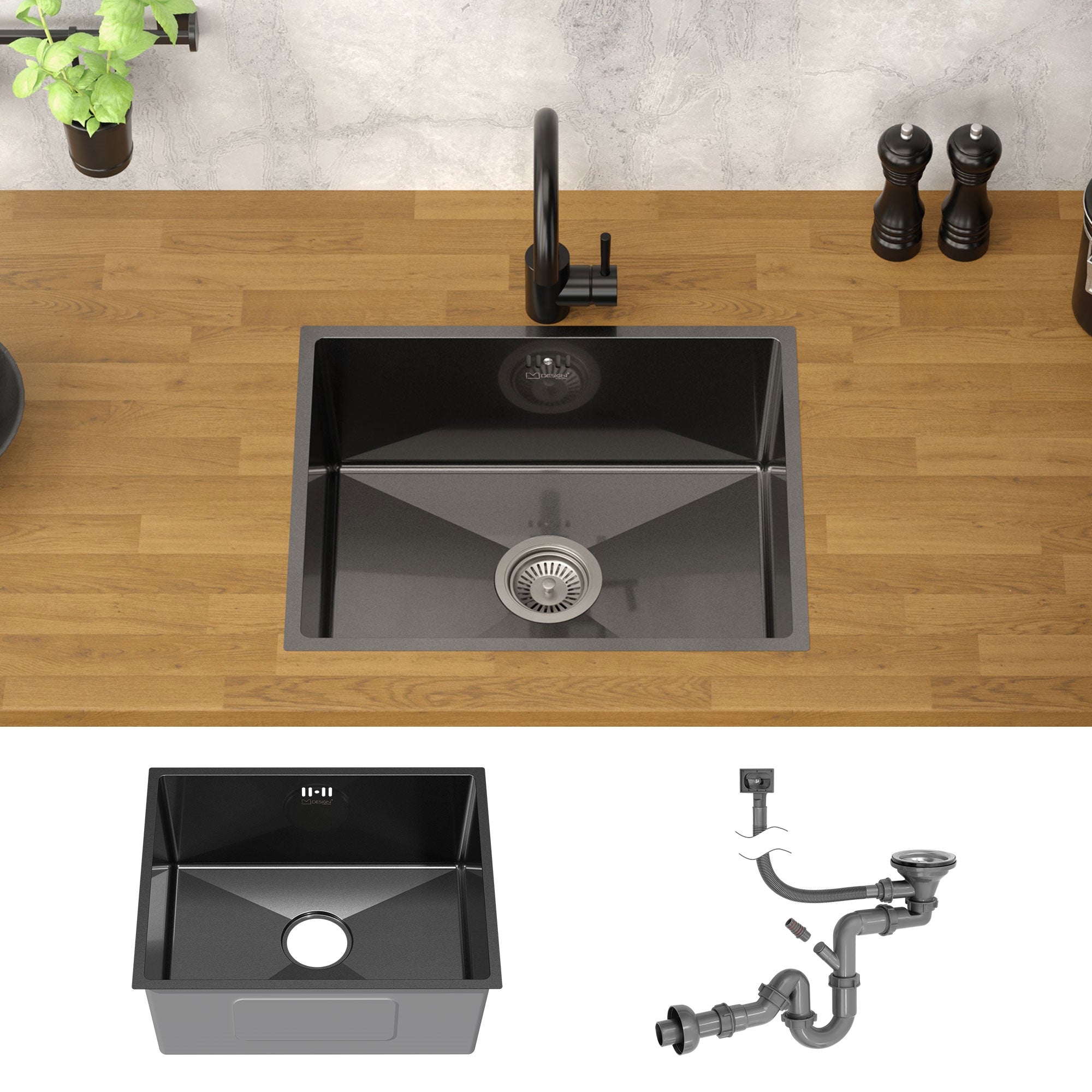 Schwarzes Spülbecken in einer Holzarbeitsplatte mit Wasserhahn.