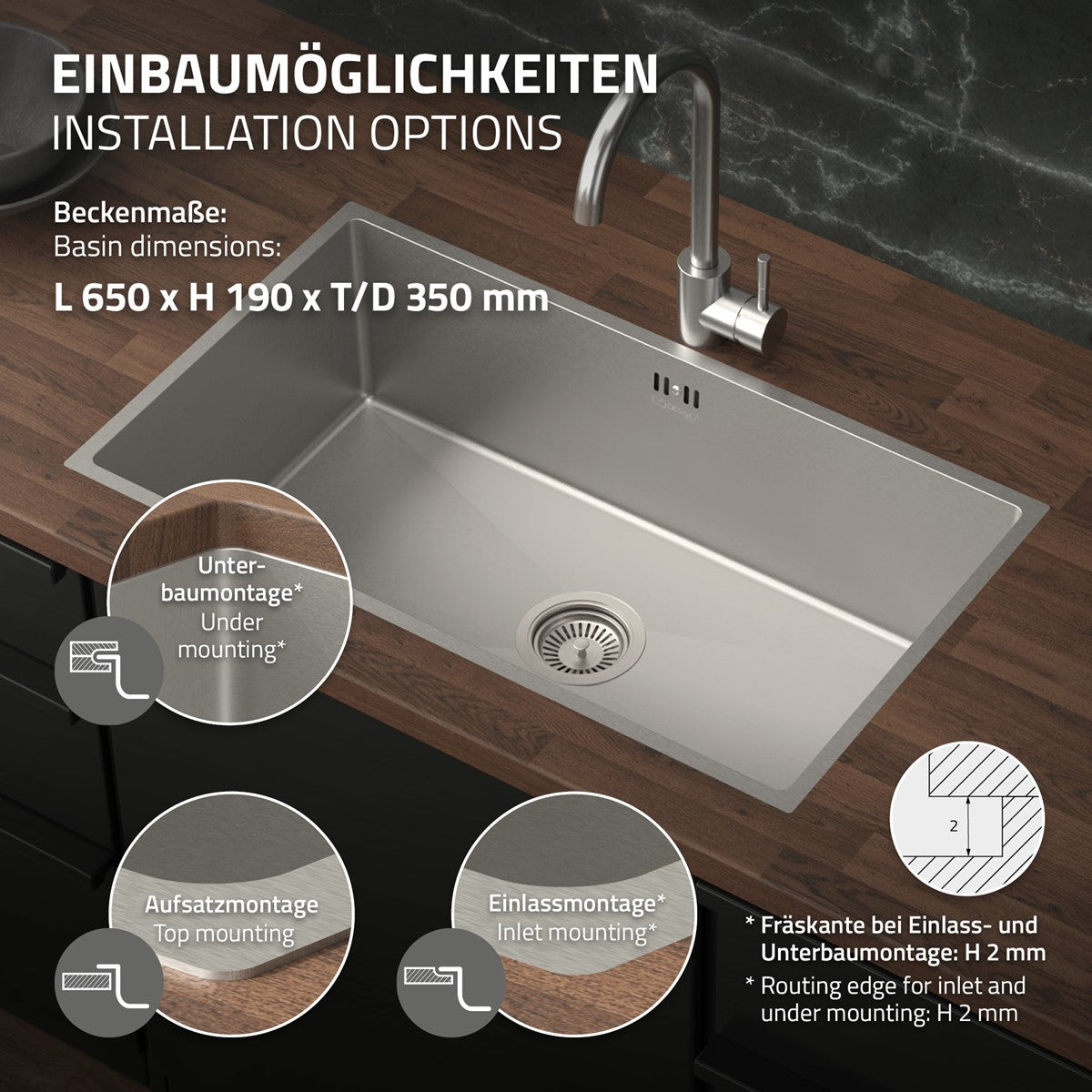 Fregadero de cocina con opciones de montaje bajo encimera y sobre encimera de madera.