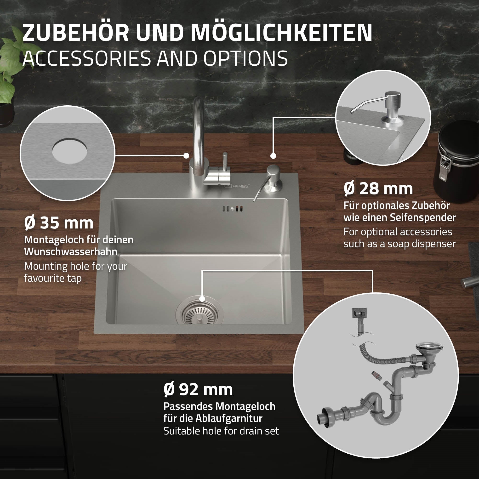 Grafik mit Zubehör und Montageoptionen für einen Küchenspüle.