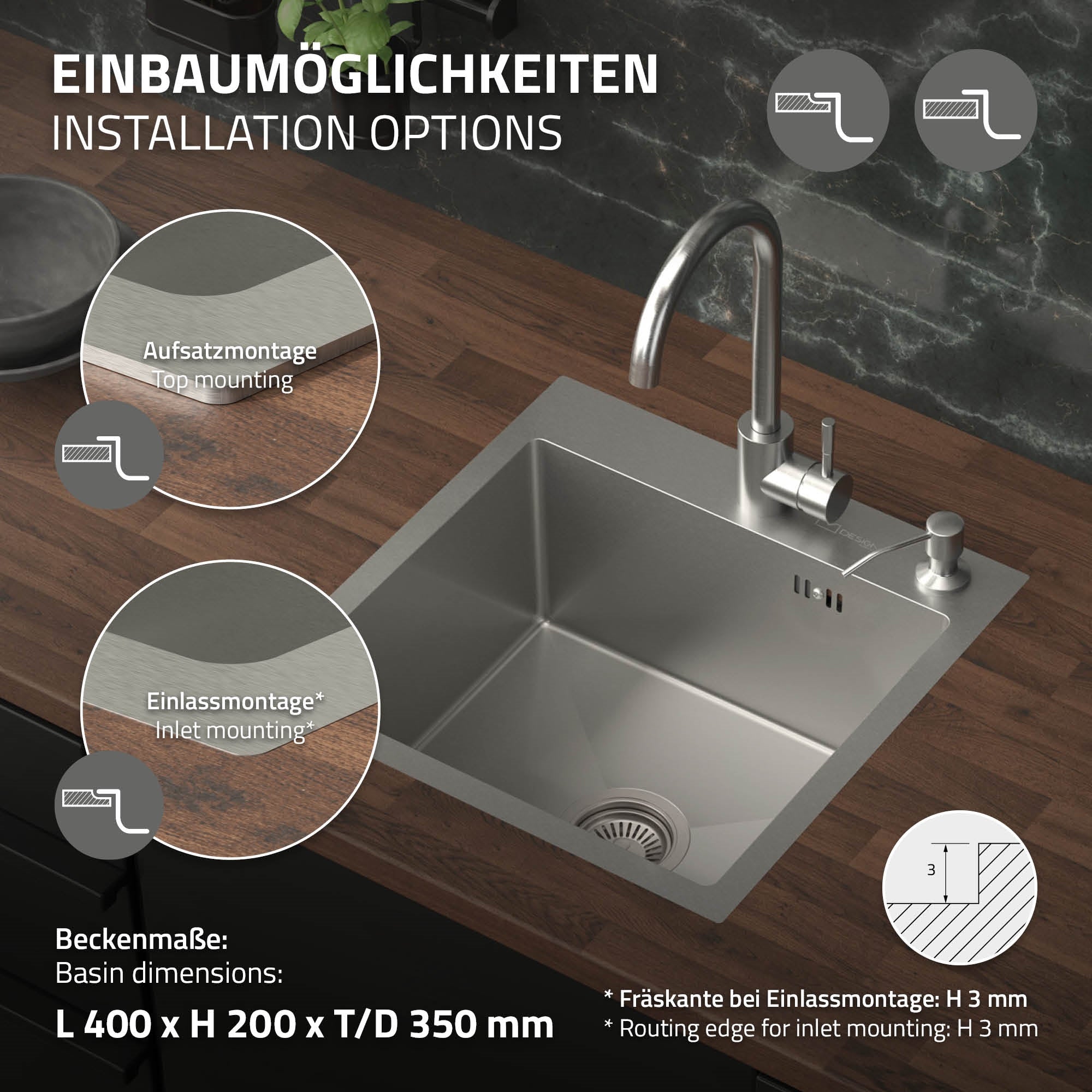 Küchenwaschbecken mit Wasserhahn auf Holzarbeitsplatte.