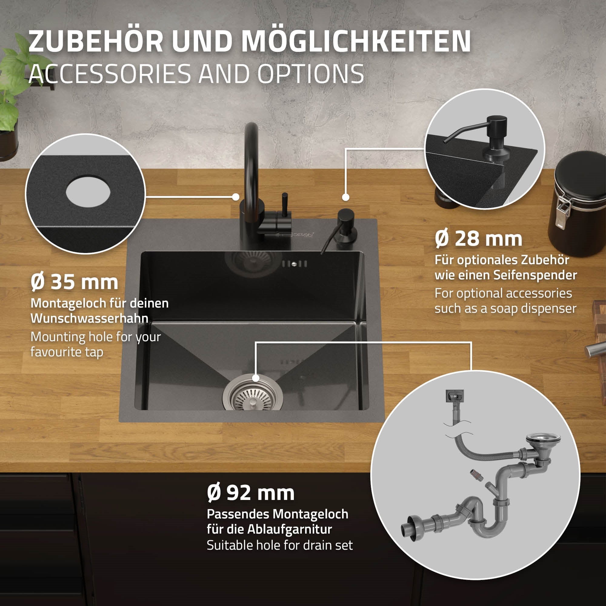 Diagramm mit Zubehör und Optionen für ein Spülbecken.