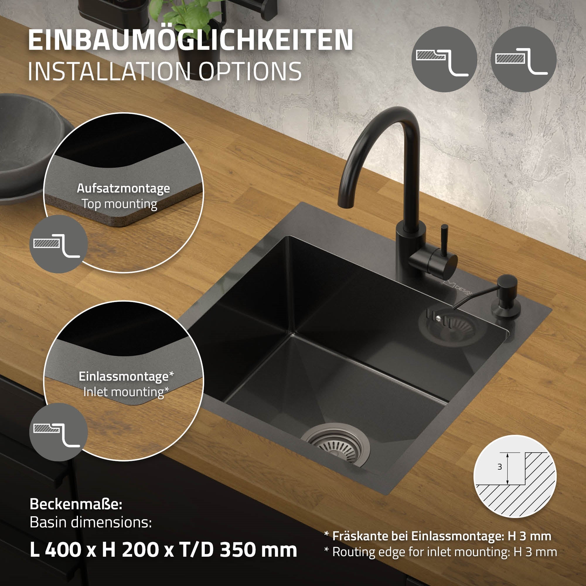 Technische Zeichnung mit Installationsmöglichkeiten für ein Spülbecken