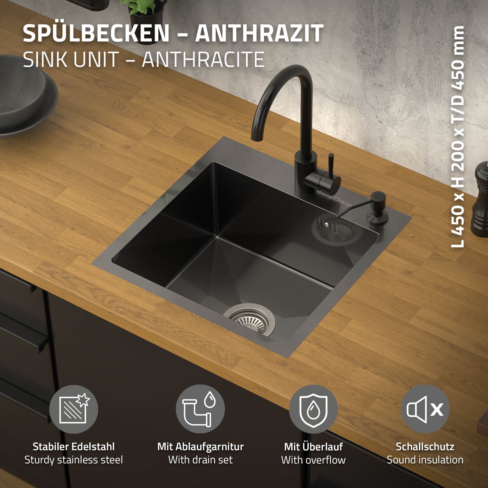 Anthrazitfarbene Spüle mit Abfluss und Zubehör auf einer Holzarbeitspl